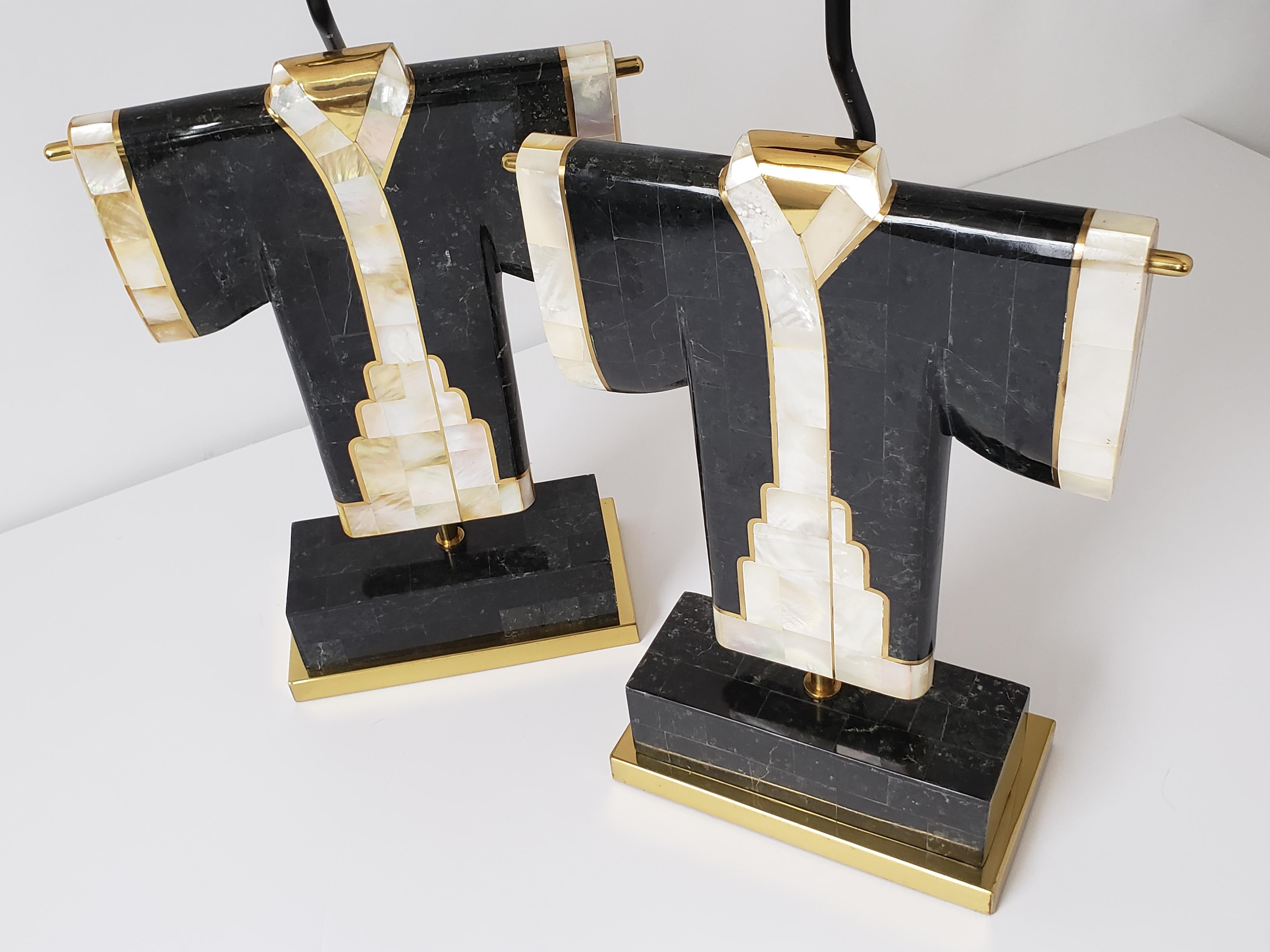 American Pair of Marble, Brass and Capiz Kimono Table Lamp, USA, 1980s