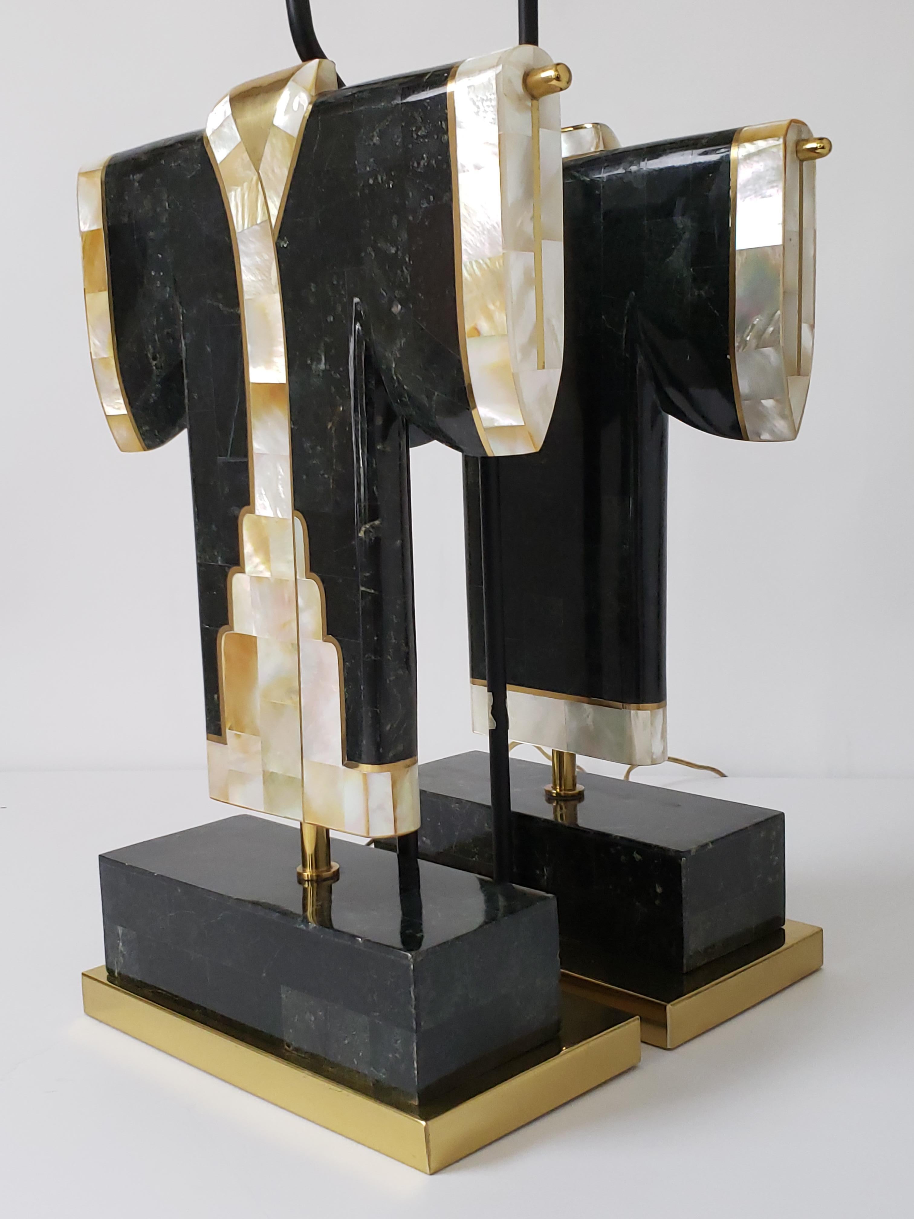 Pair of Marble, Brass and Capiz Kimono Table Lamp, USA, 1980s In Good Condition In St- Leonard, Quebec