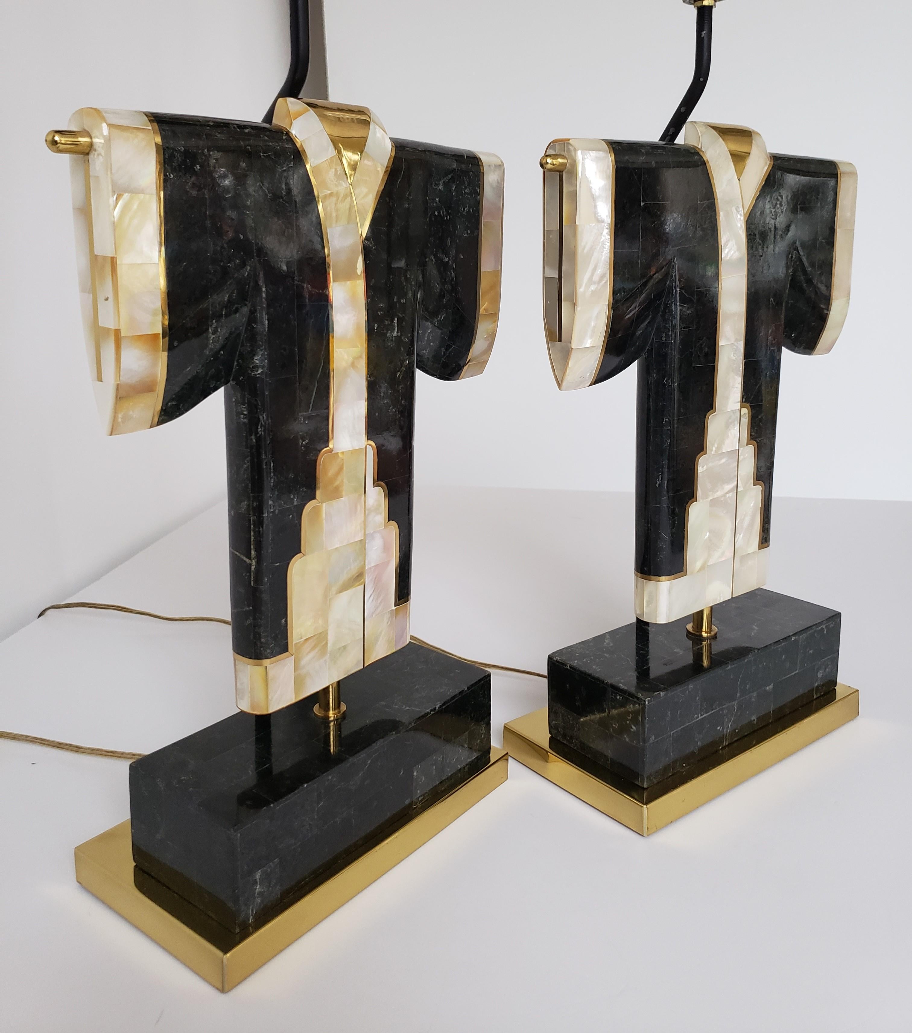 Pair of Marble, Brass and Capiz Kimono Table Lamp, USA, 1980s 2