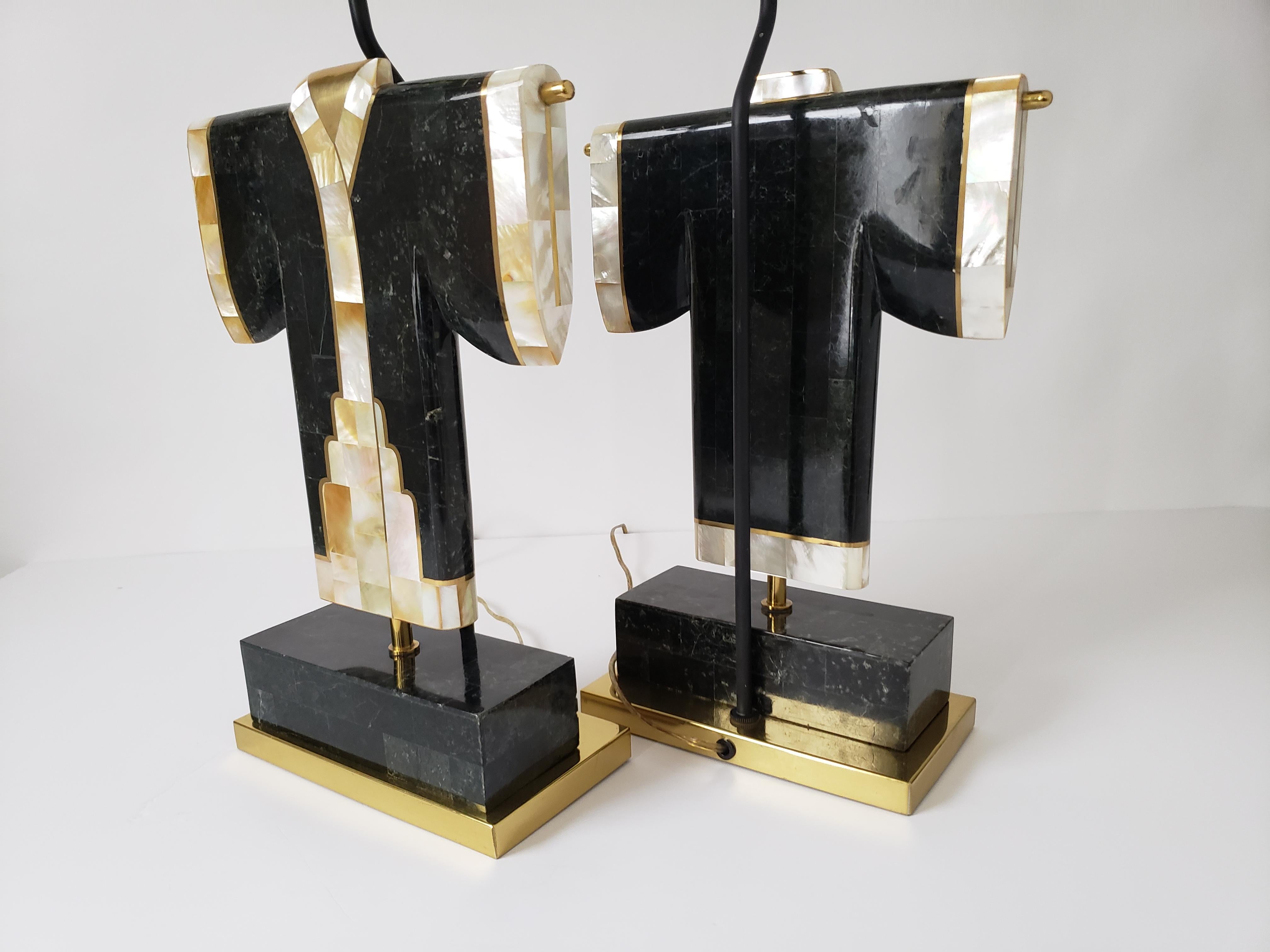 Pair of Marble, Brass and Capiz Kimono Table Lamp, USA, 1980s 3
