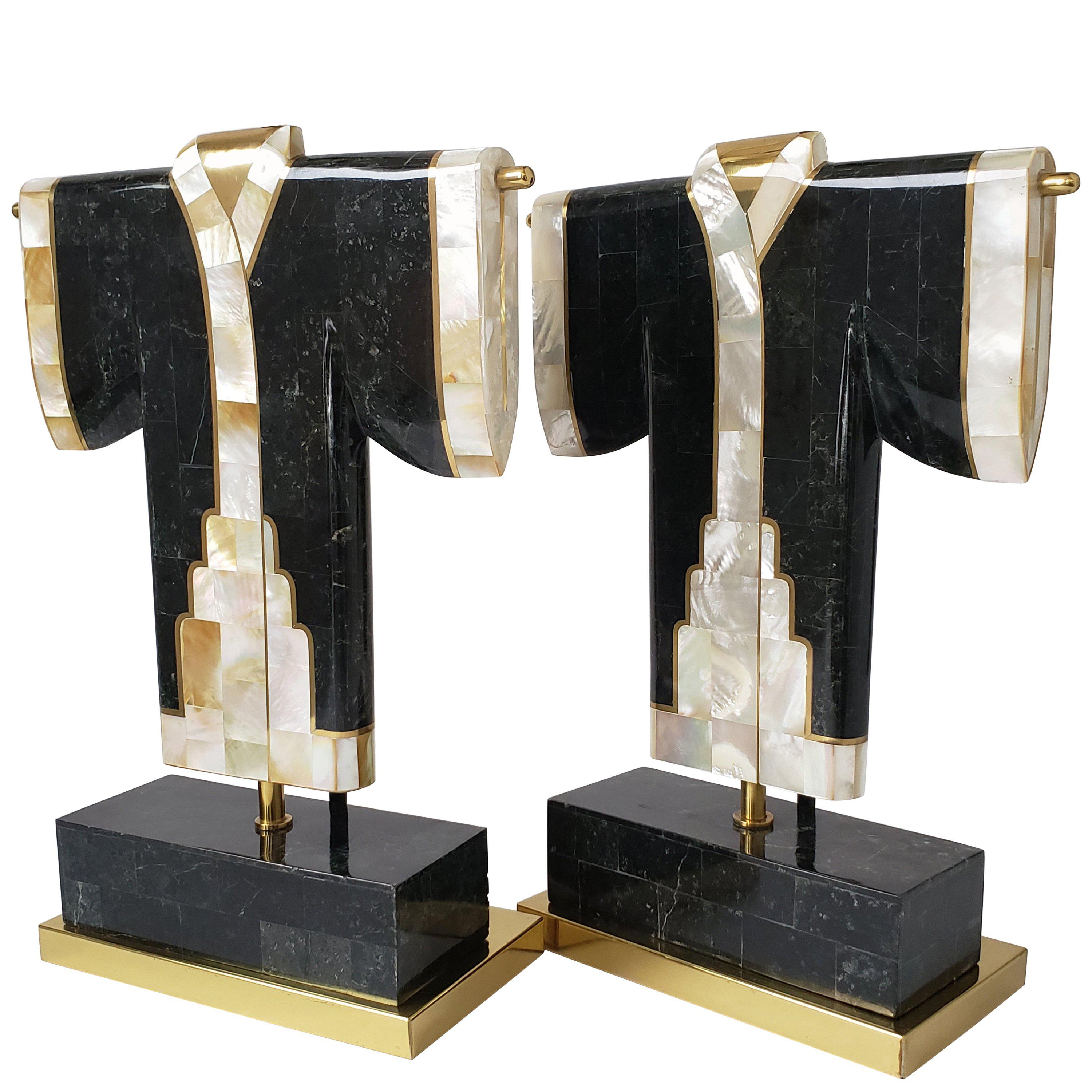 Pair of Marble, Brass and Capiz Kimono Table Lamp, USA, 1980s
