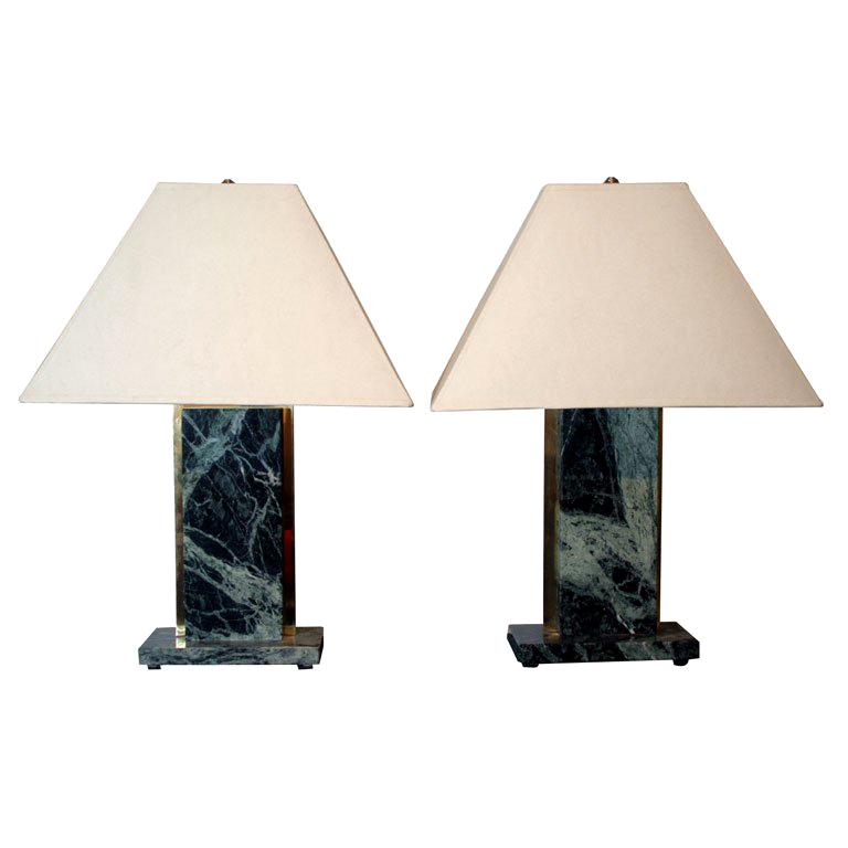 Pair of Marble & Brass Table Lamps For Sale