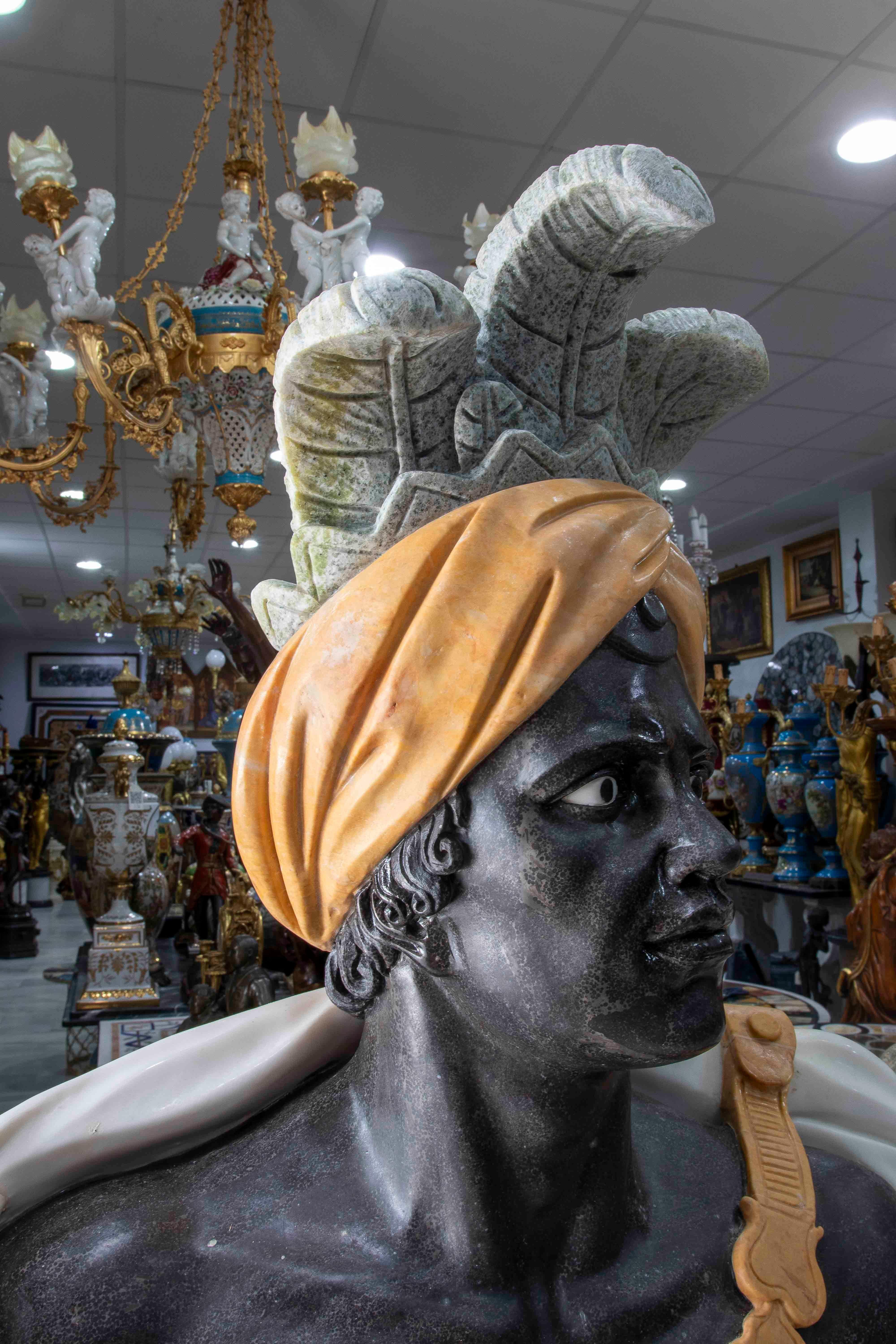 Pair of Marble Busts of Warriors with Hats and Feathers For Sale 6