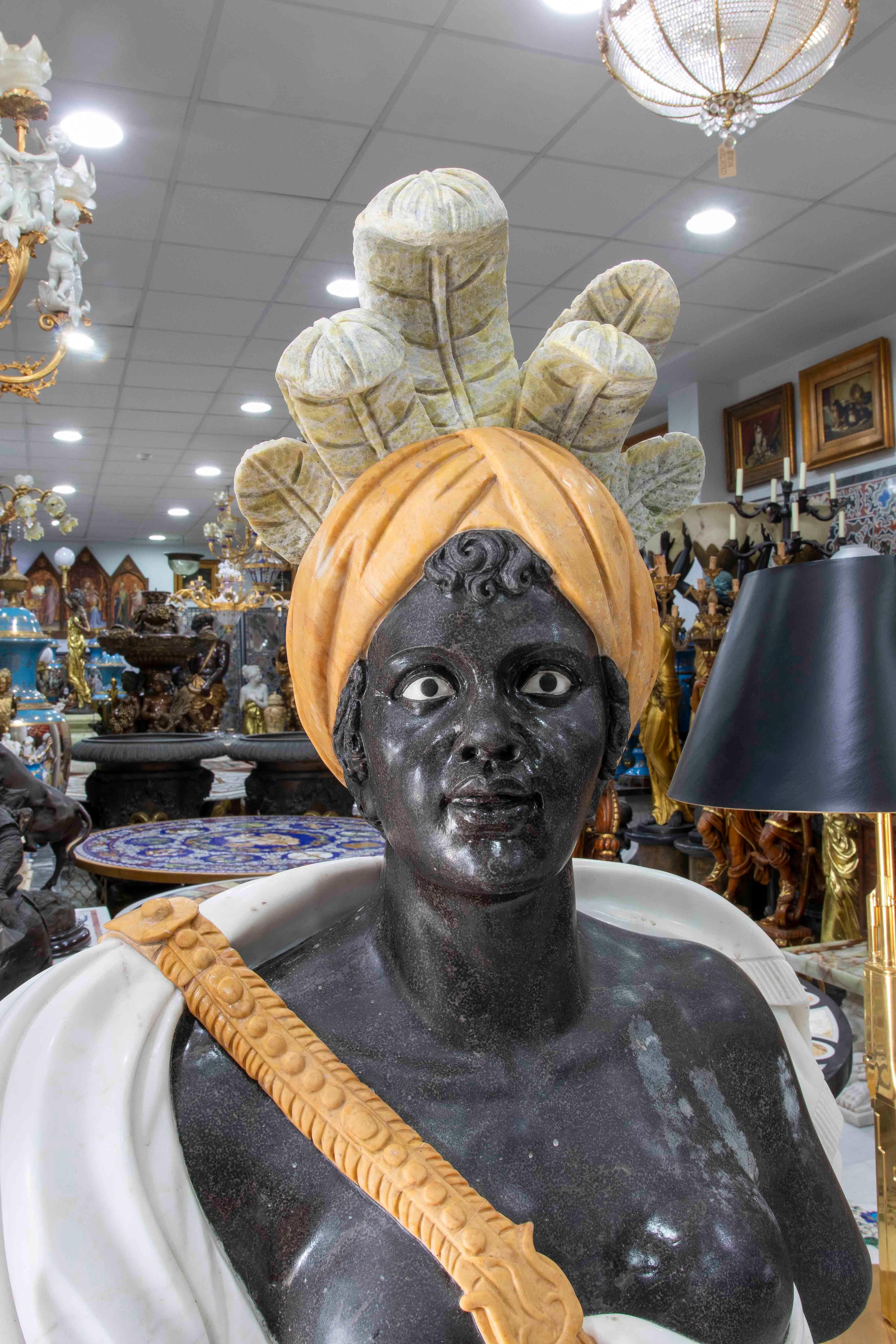 Pair of Marble Busts of Warriors with Hats and Feathers For Sale 7