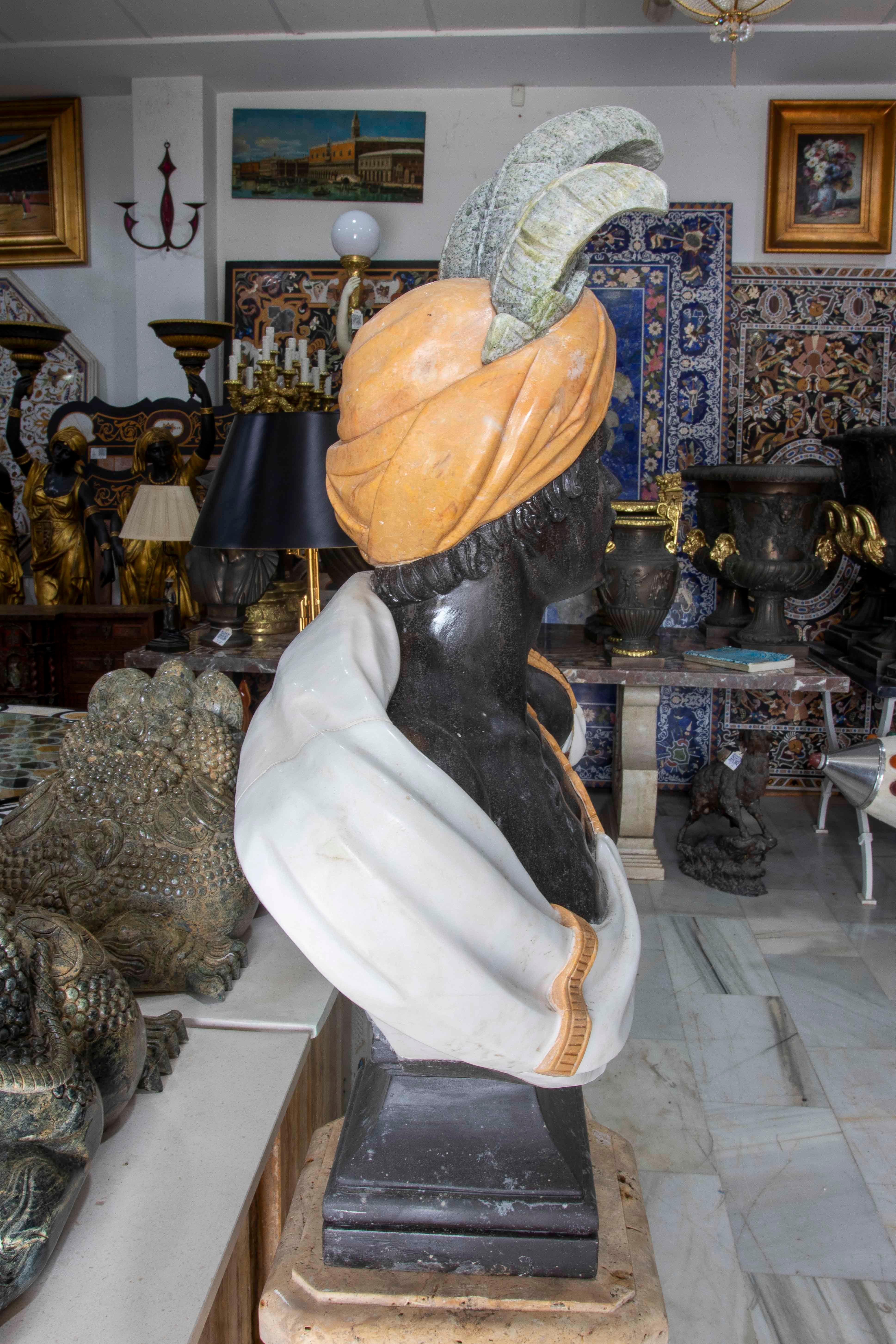Asian Pair of Marble Busts of Warriors with Hats and Feathers For Sale