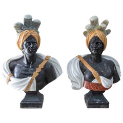 Pair of Marble Busts of Warriors with Hats and Feathers