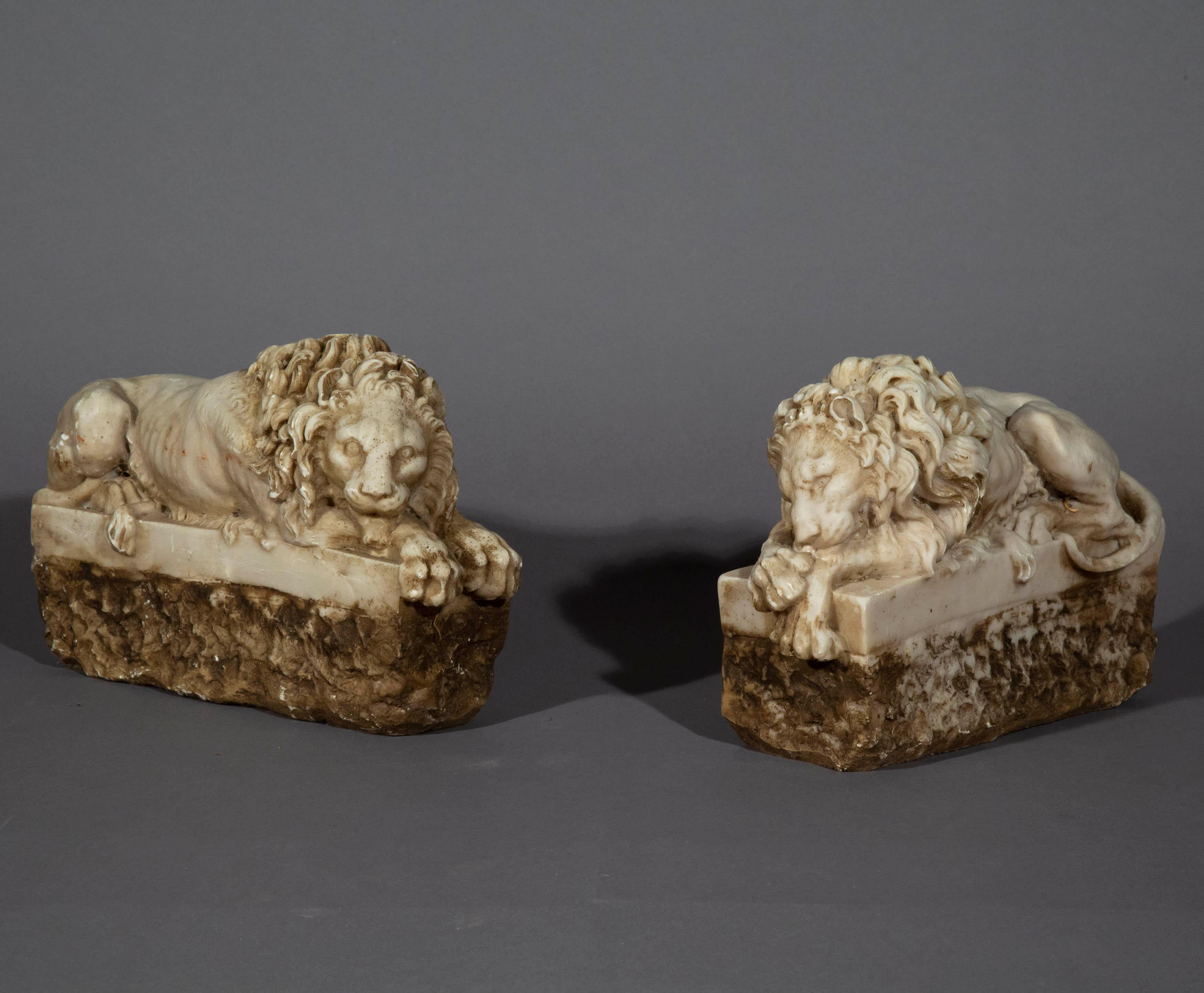 Pair of Alabaster Canova Lions Sculptures For Sale at 1stDibs