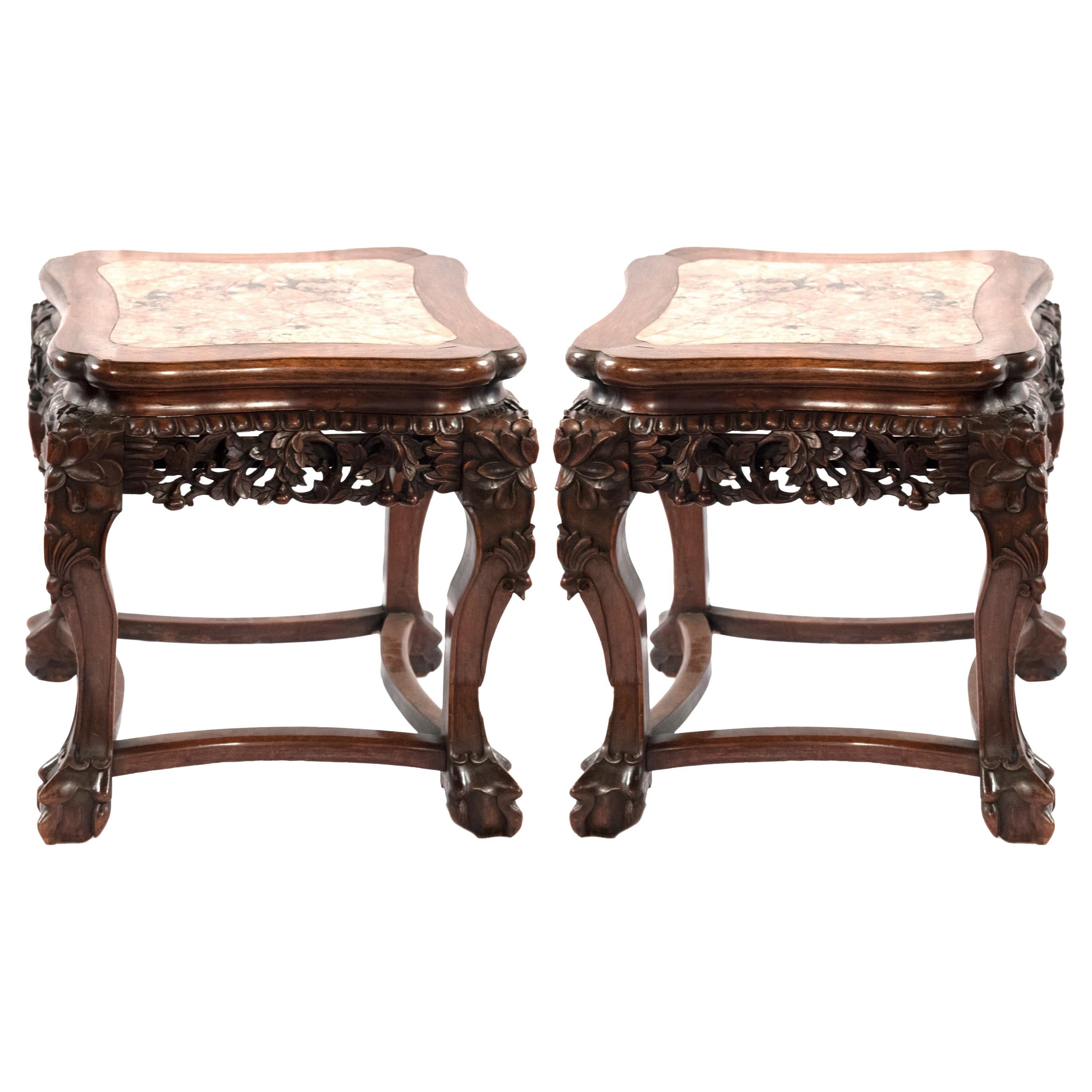 Pair of Marble Captured Top Chinese Stands, circa 1900 For Sale