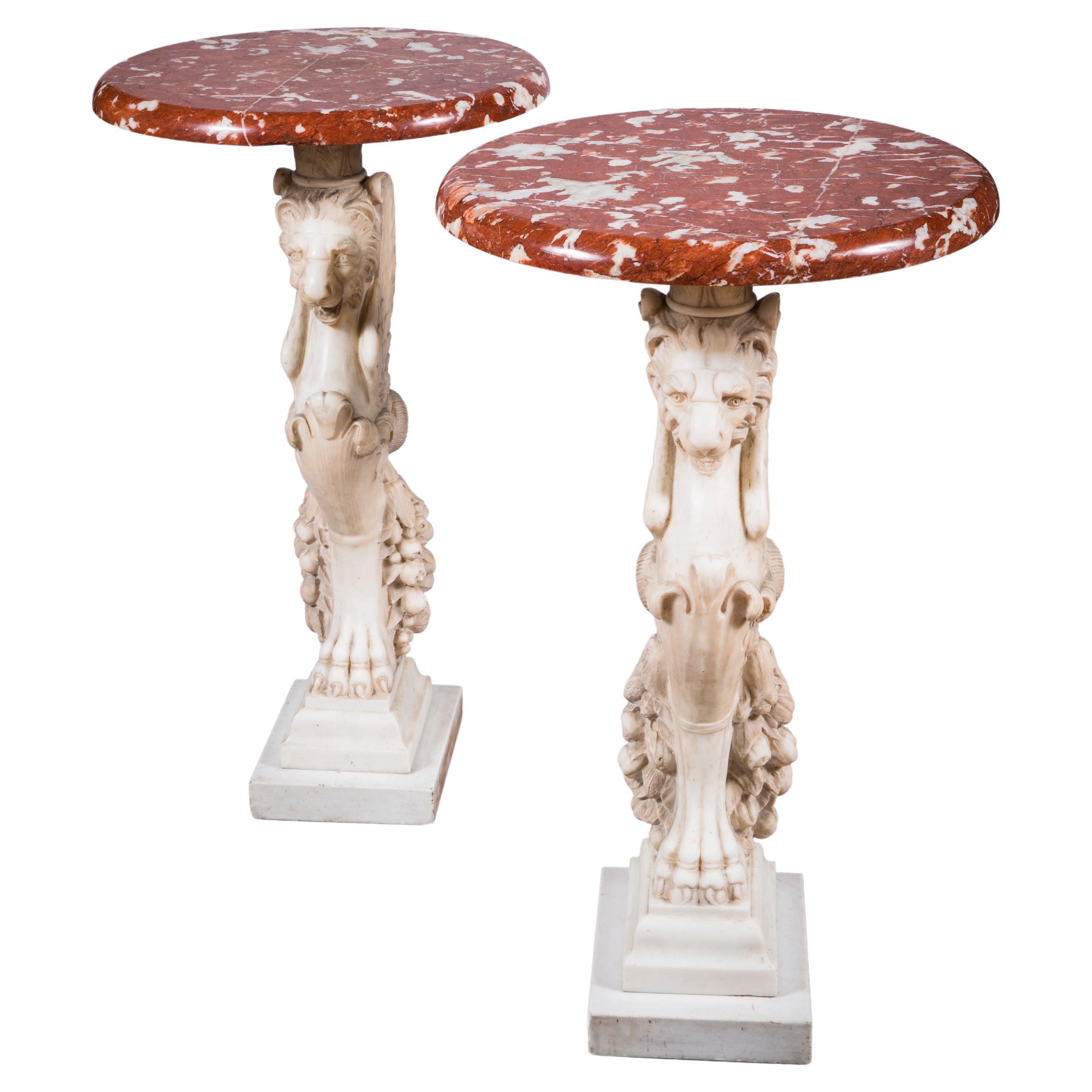 Pair of Marble Carved Trapezophorus Form Side Tables For Sale