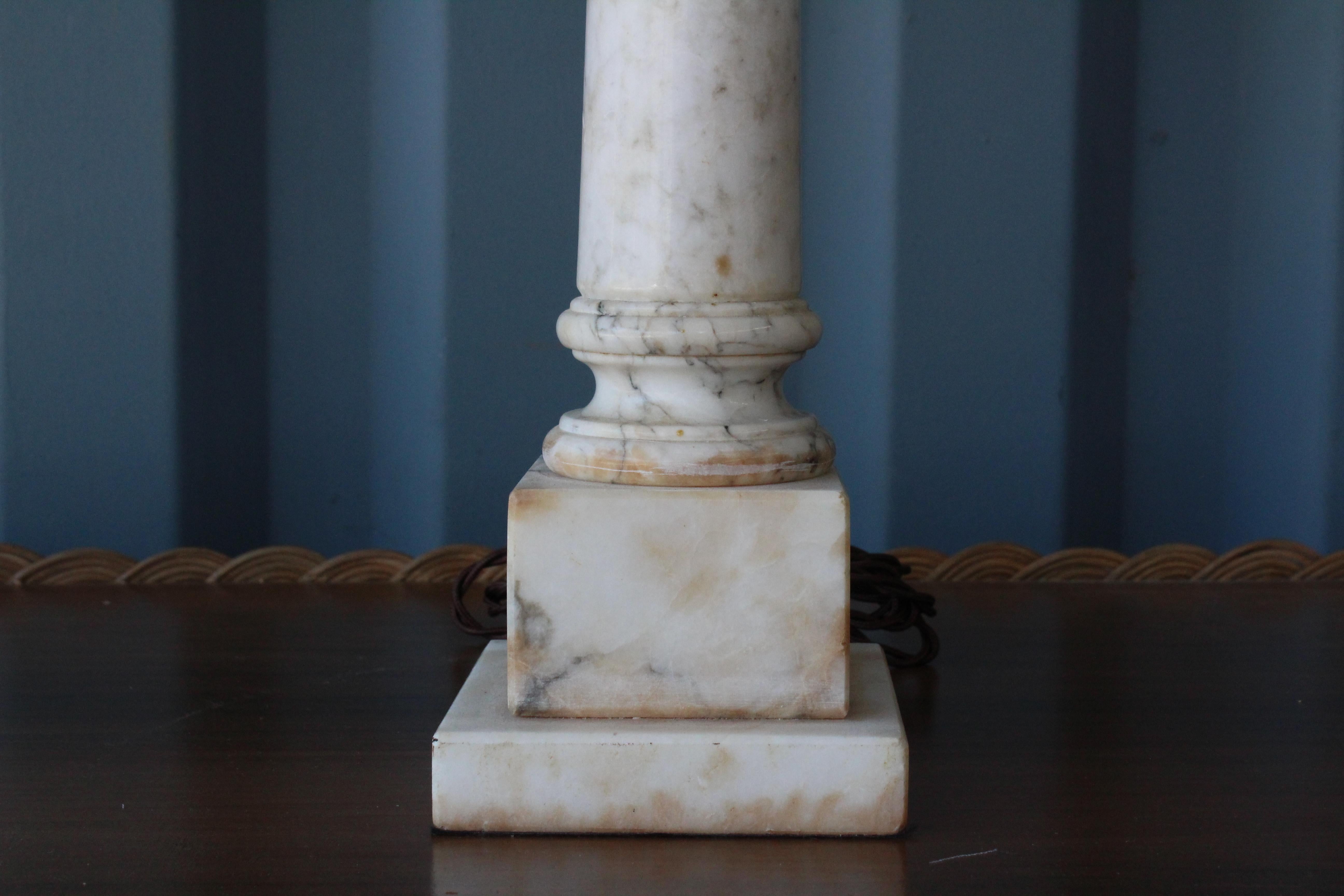 Neoclassical Pair of Marble Column Lamps with Silk Shades, USA, 1940s