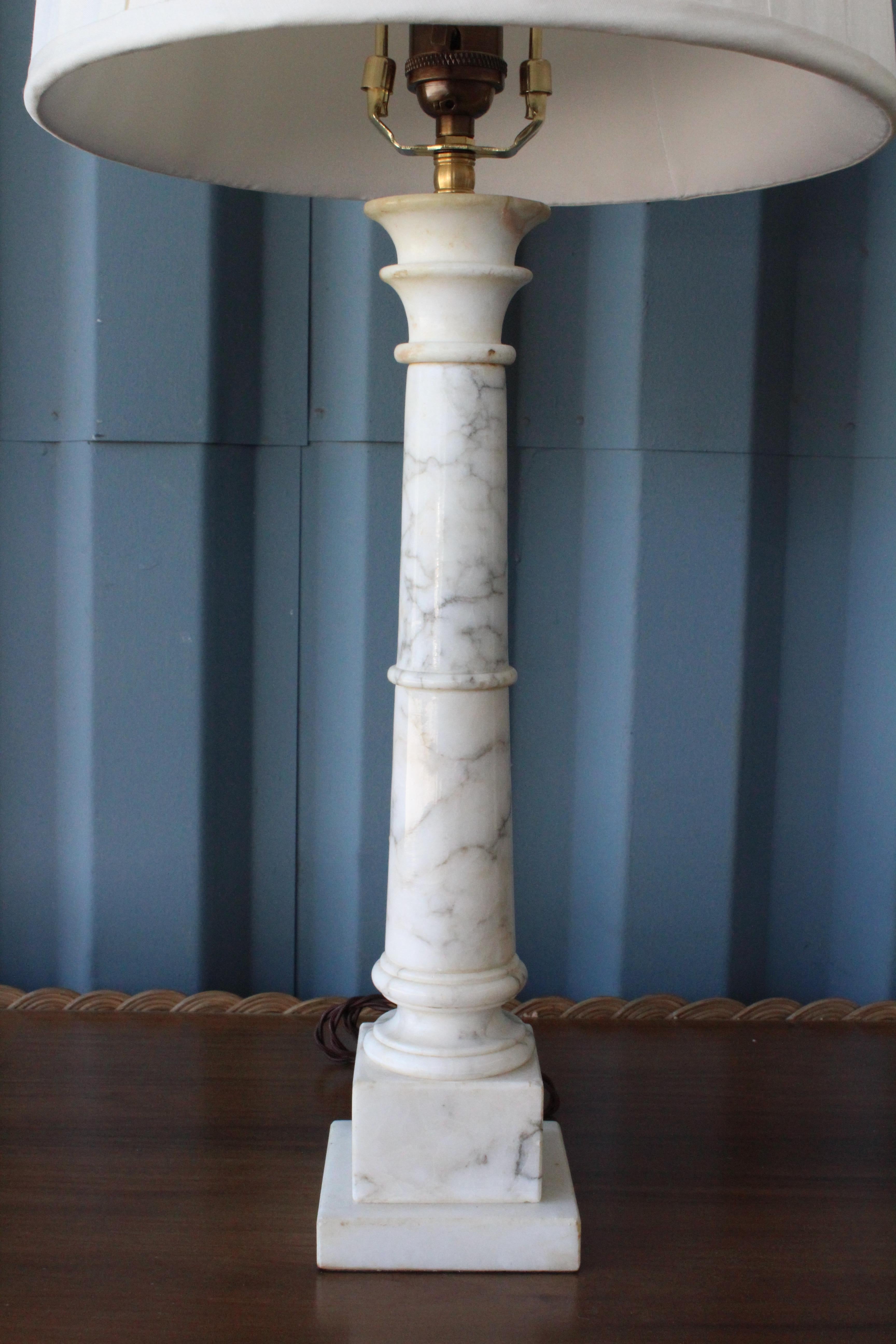 American Pair of Marble Column Lamps with Silk Shades, USA, 1940s