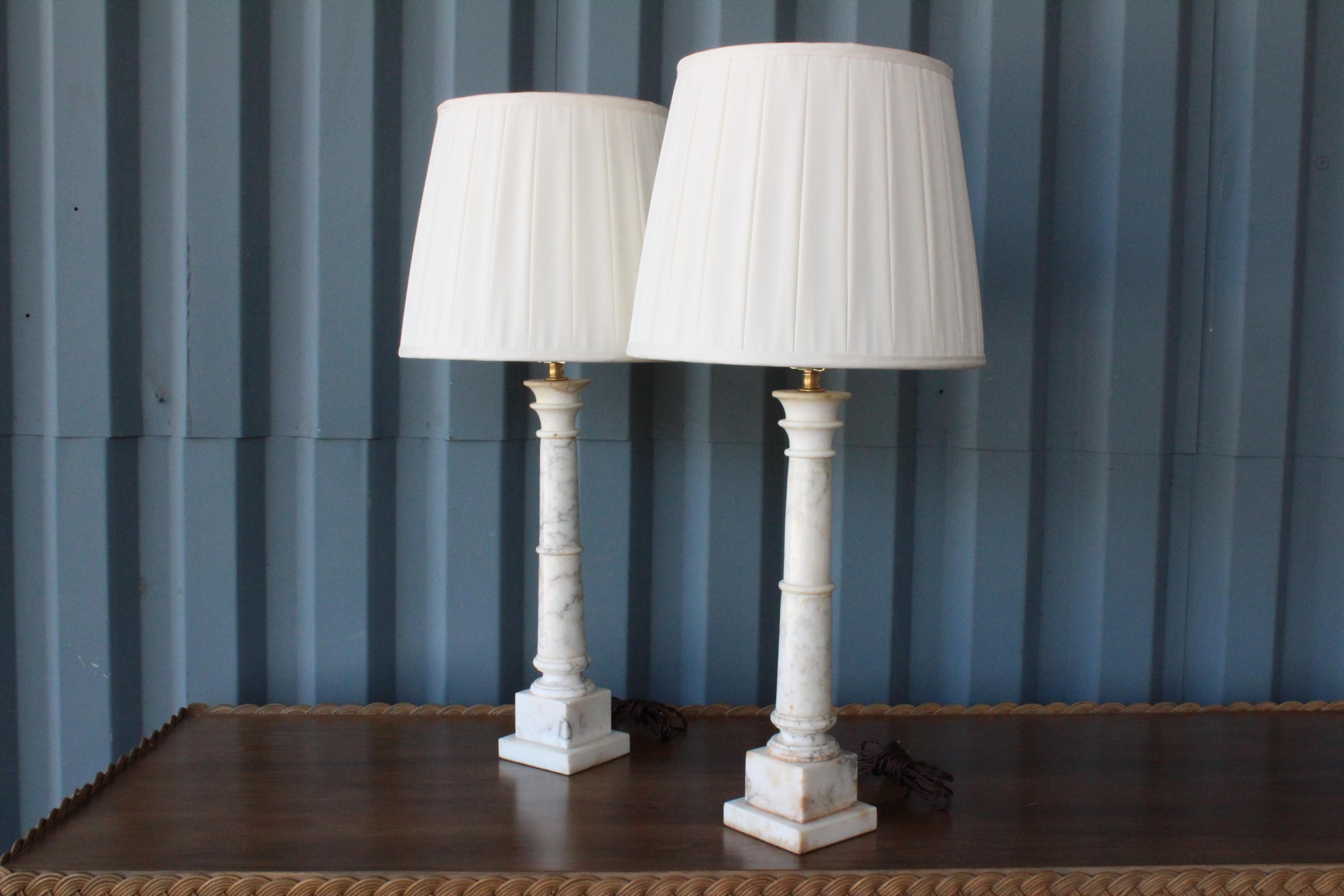 Pair of Marble Column Lamps with Silk Shades, USA, 1940s 1