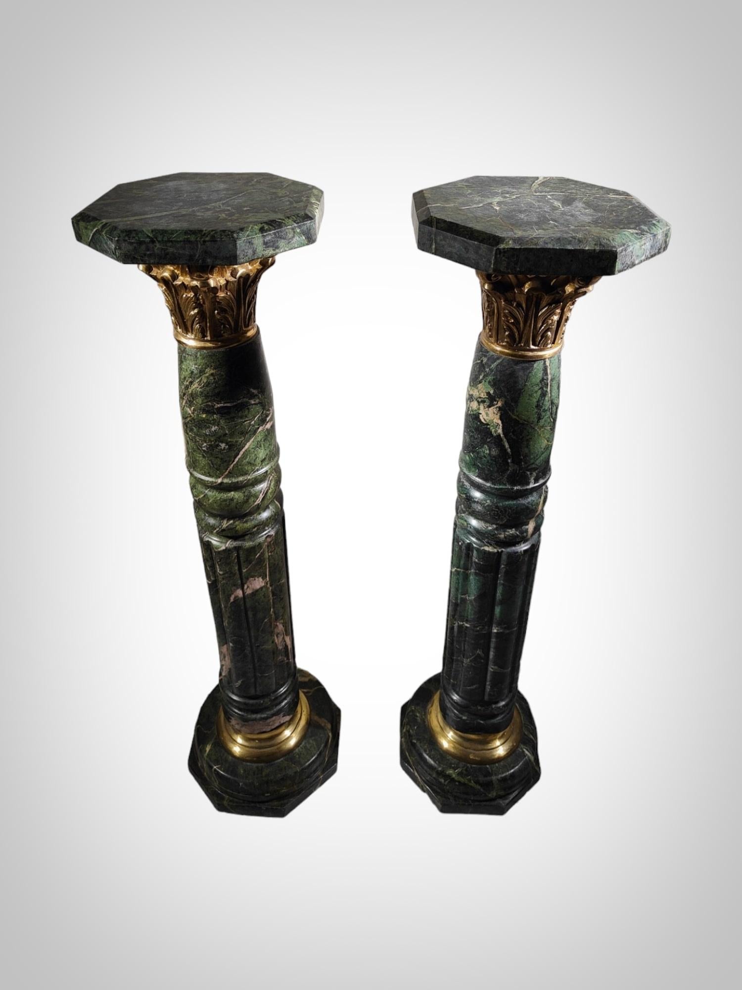 Pair of Marble Columns, 1950s Bronze-Mounted Pedestals In Good Condition For Sale In Madrid, ES