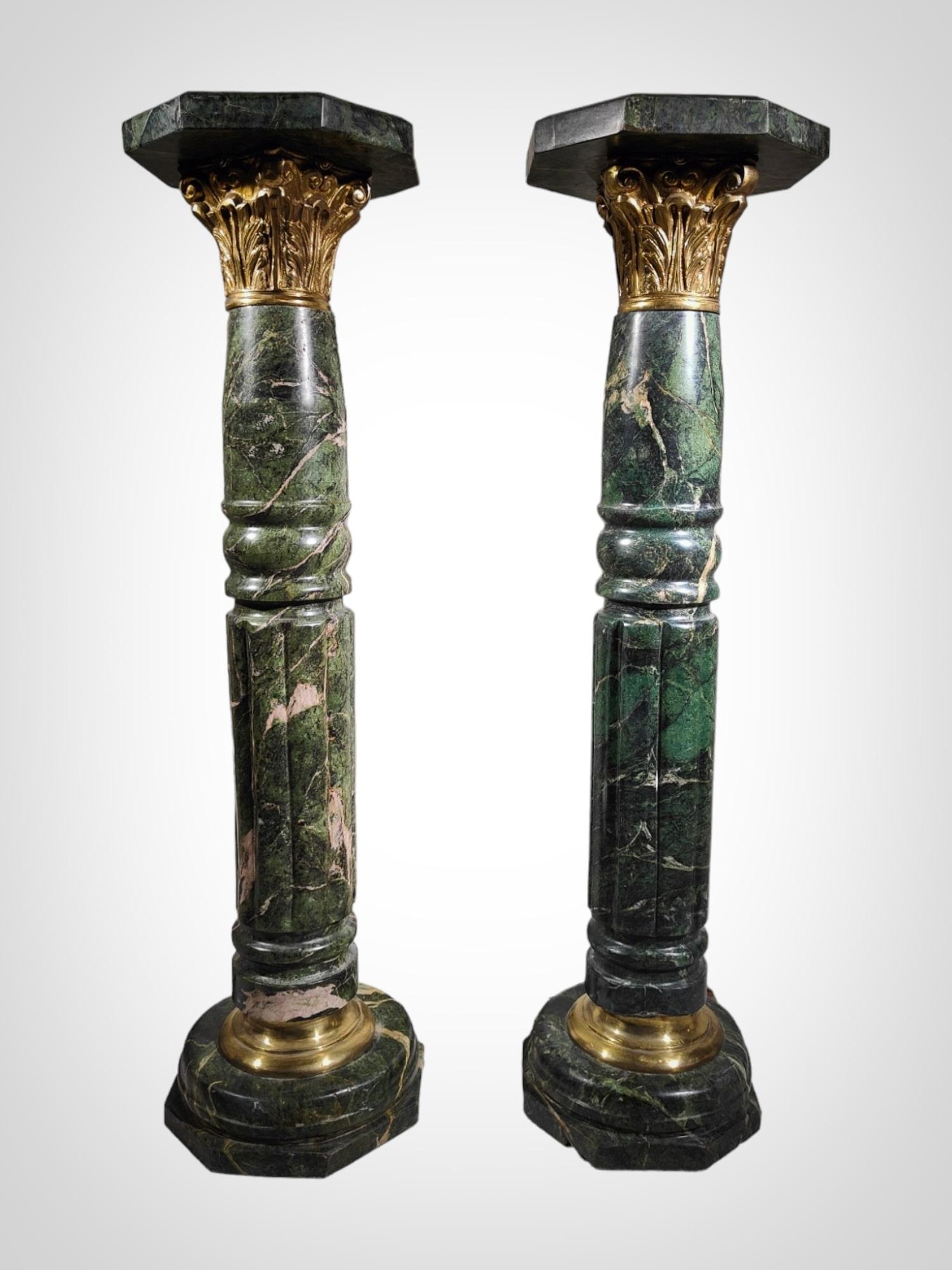 Mid-20th Century Pair of Marble Columns, 1950s Bronze-Mounted Pedestals For Sale
