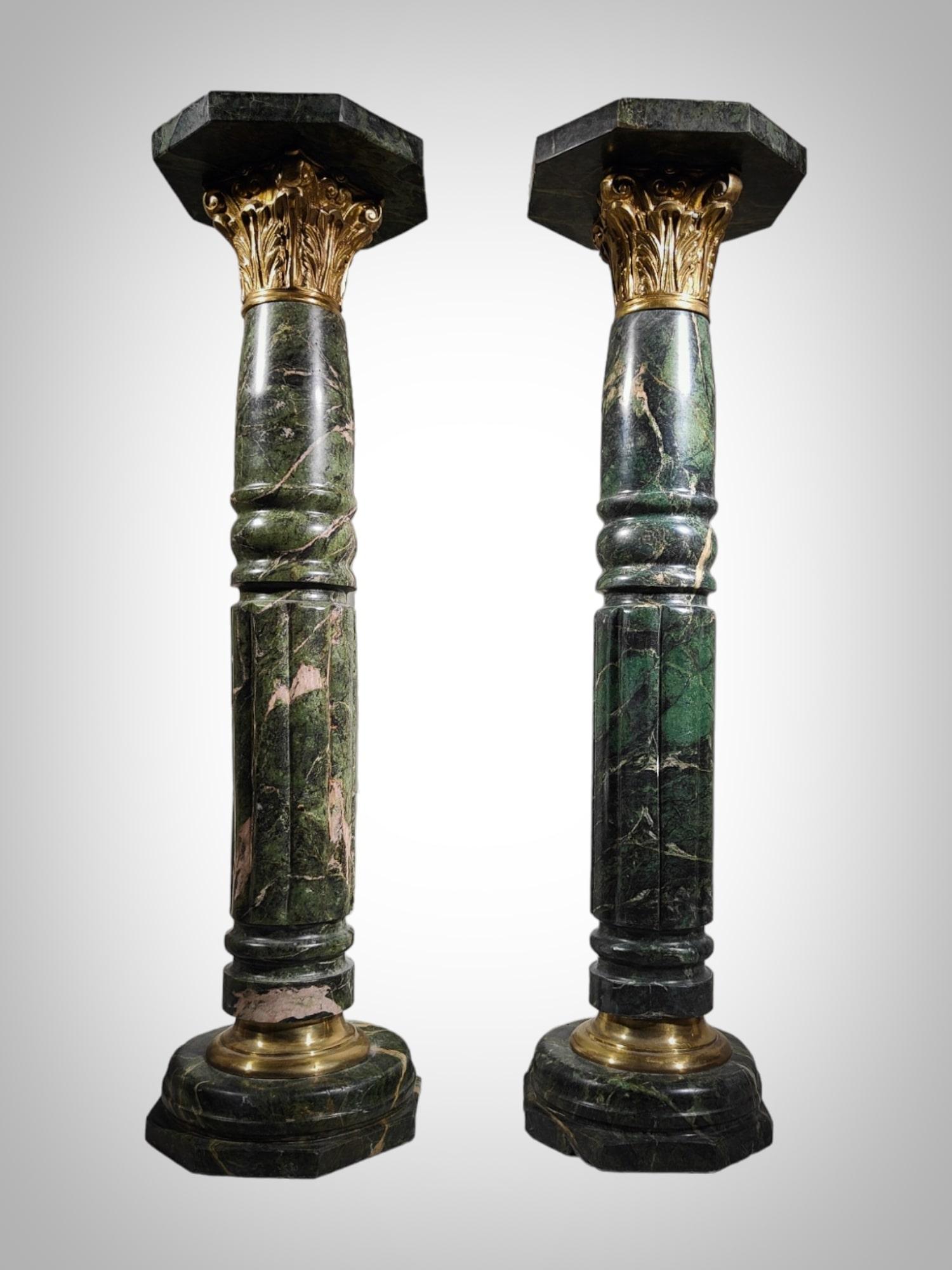 Pair of Marble Columns, 1950s Bronze-Mounted Pedestals For Sale 2