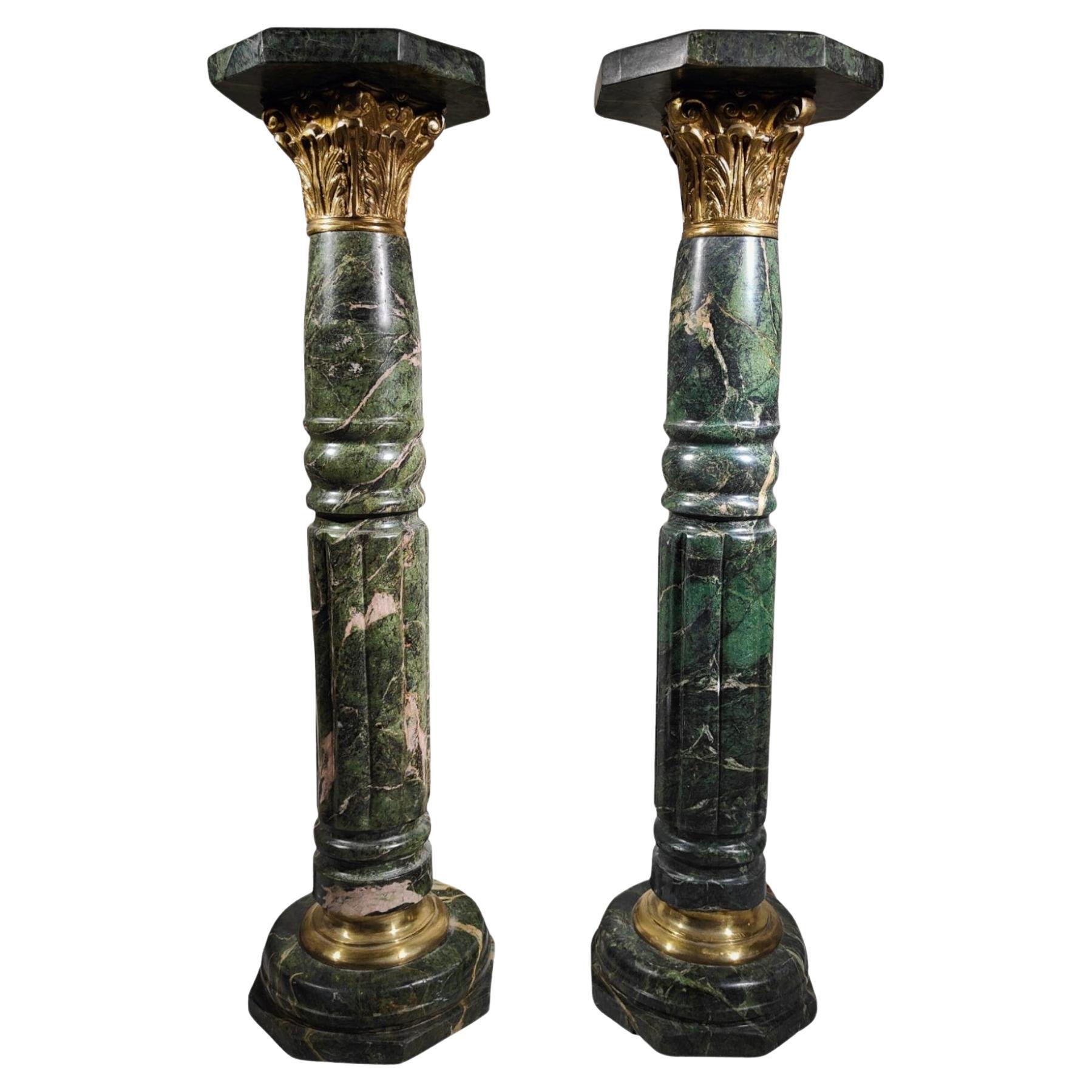 Pair of Marble Columns, 1950s Bronze-Mounted Pedestals
