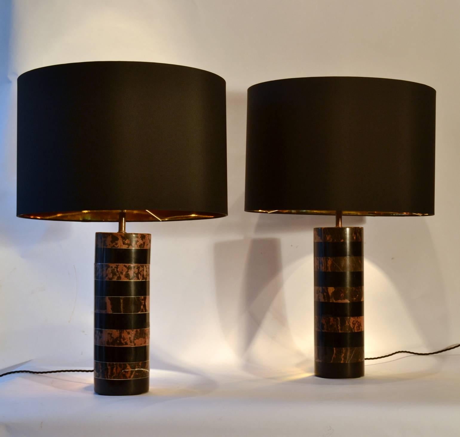 Pair of Marble Cylinder Table Lamps Old Pink and Black 1970s French 9