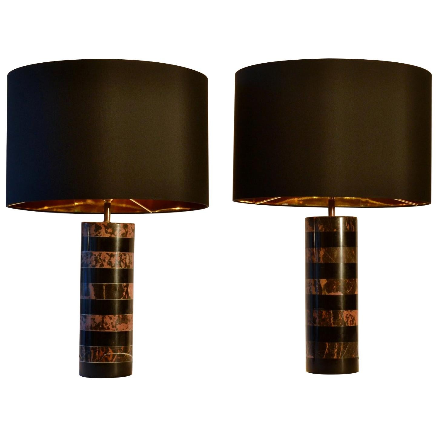 Pair of Marble Cylinder Table Lamps Old Pink and Black 1970s French