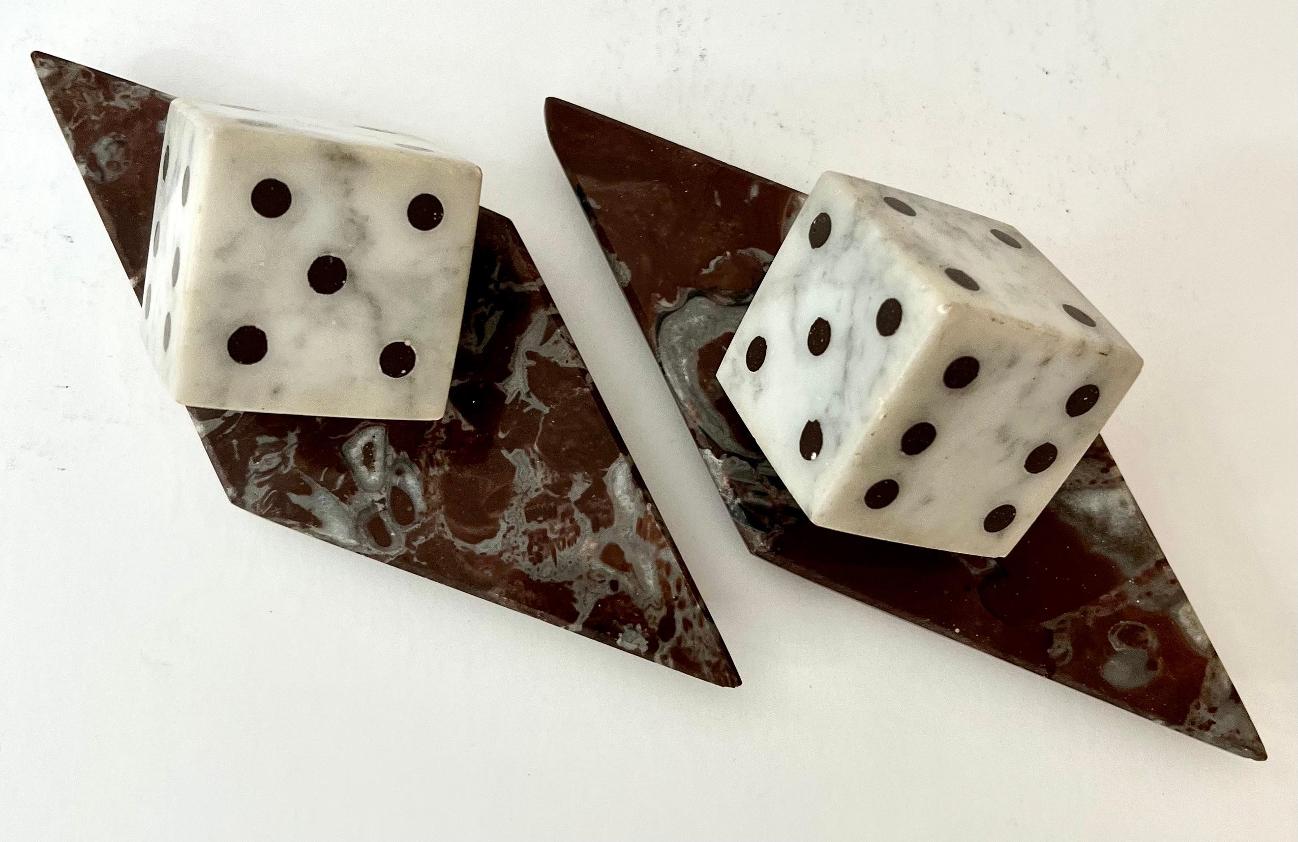 Hand-Crafted Pair of Marble Dice Bookends with Marble Bases For Sale
