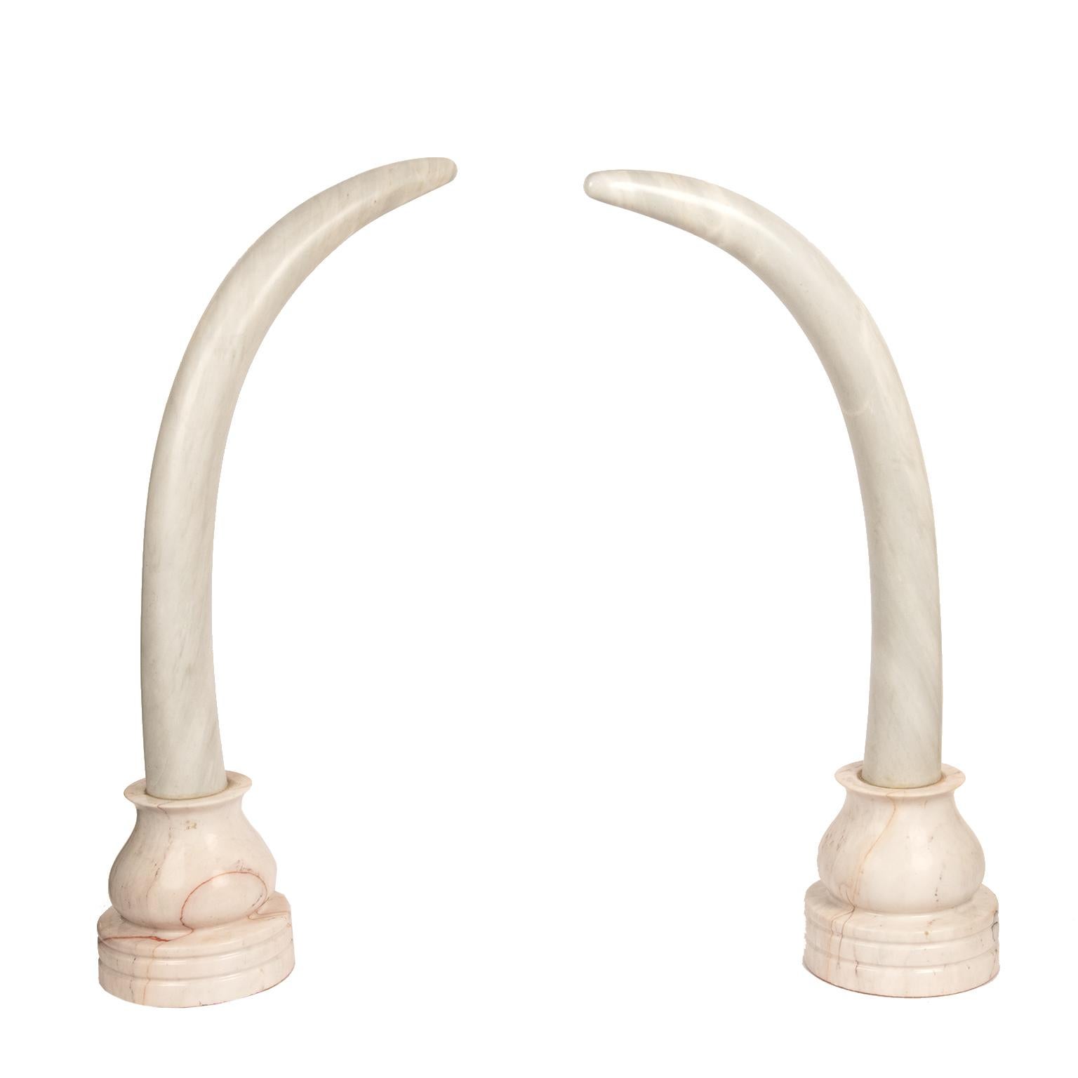 Hand-Crafted Pair Of Marble Elephant Tusks On Complimentary Base