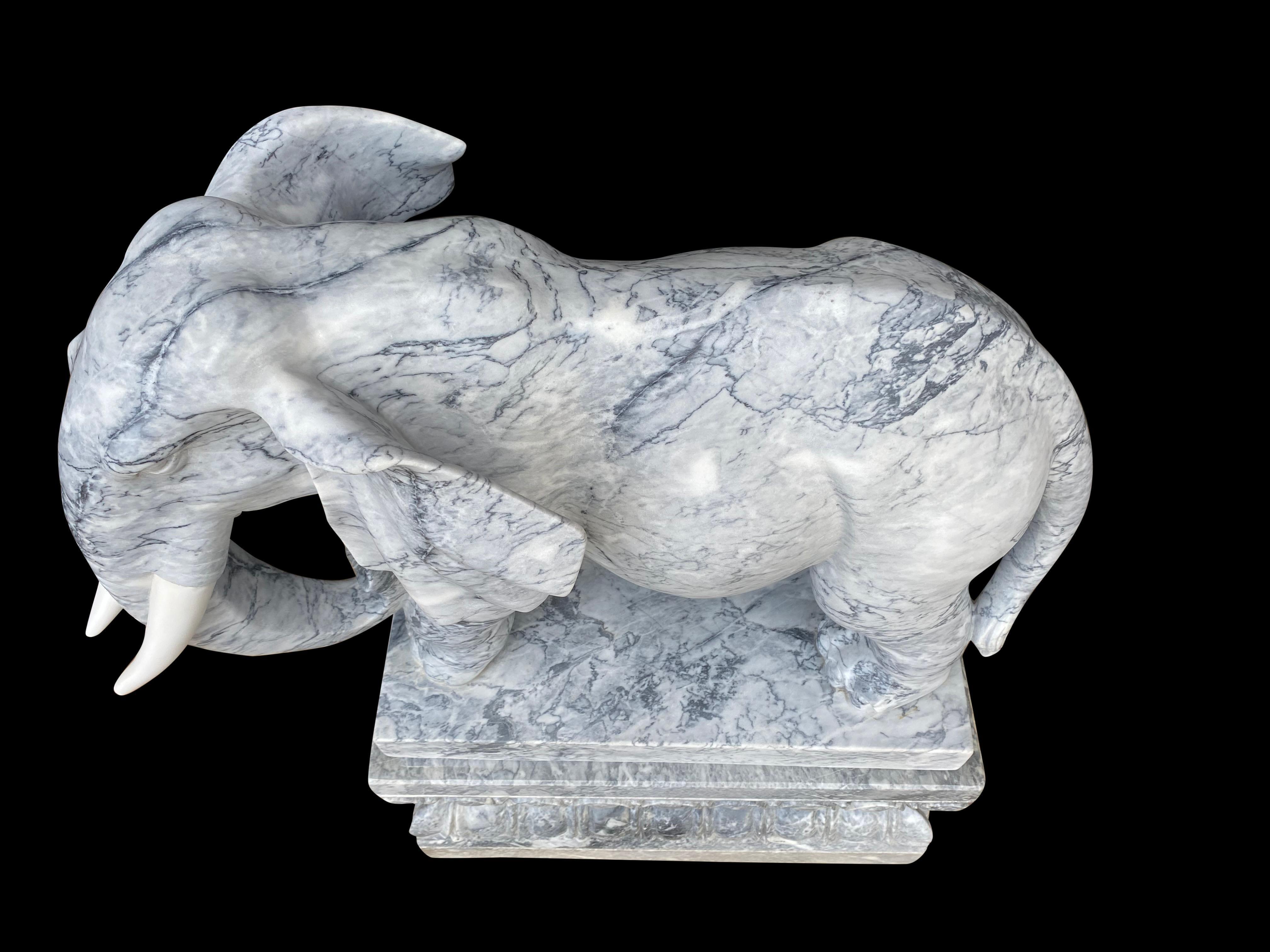 Pair of Marble Elephants on Plinths, 20th Century For Sale 11