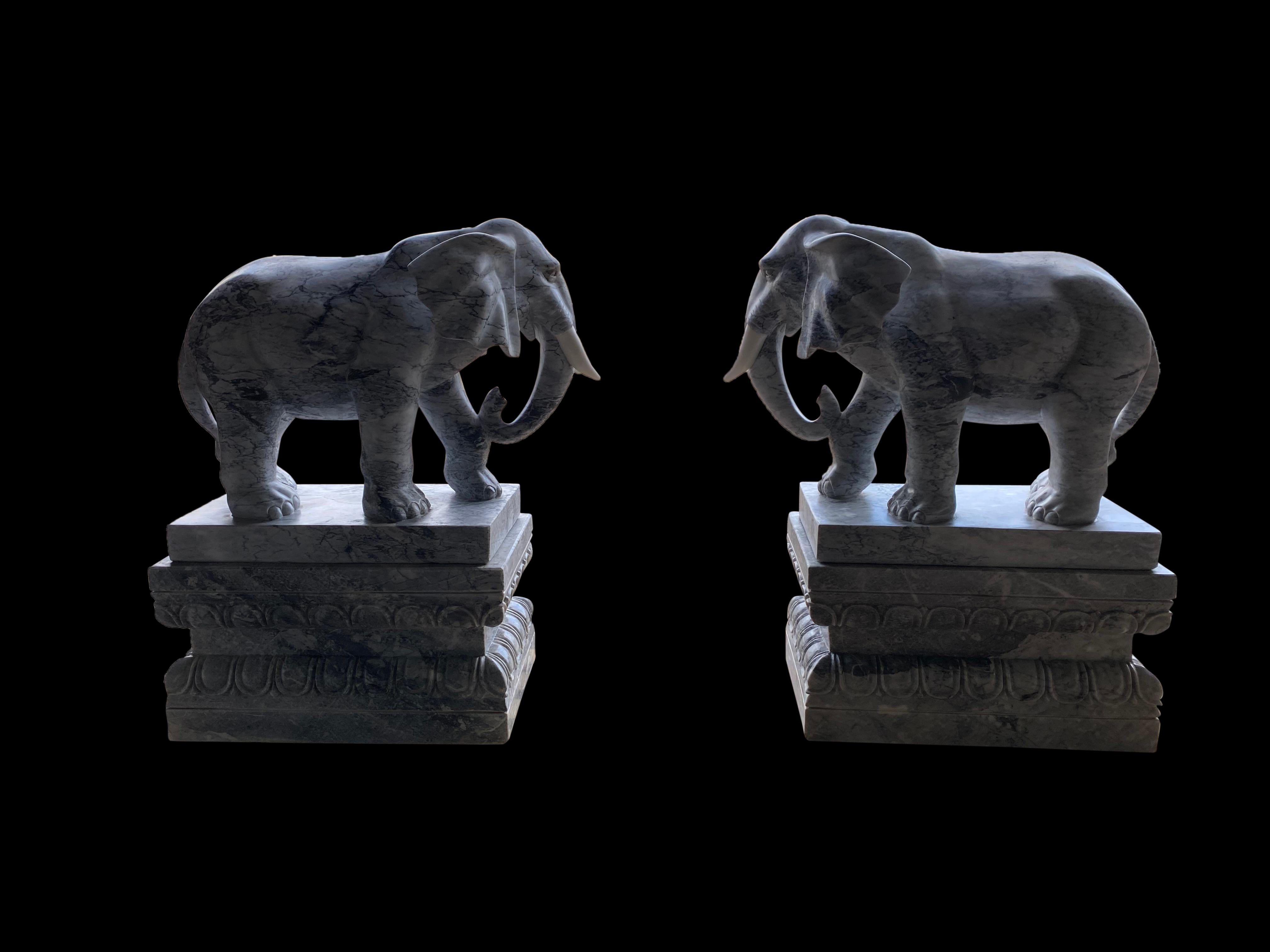 Pair of Marble Elephants on Plinths, 20th Century For Sale 12