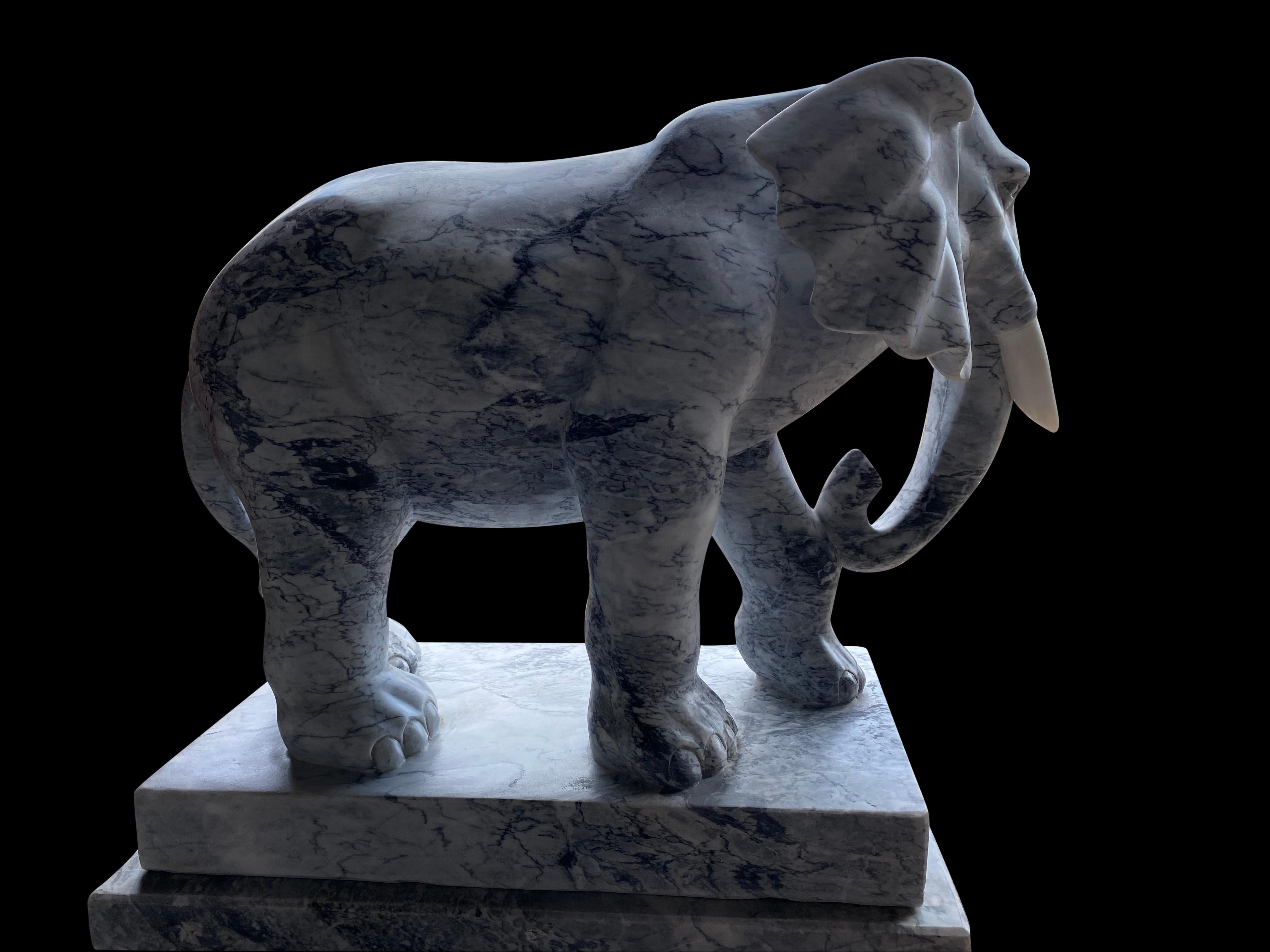 Pair of Marble Elephants on Plinths, 20th Century For Sale 14