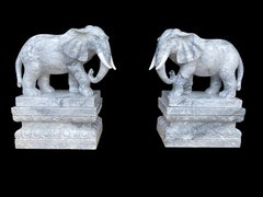 Pair of Marble Elephants on Plinths, 20th Century