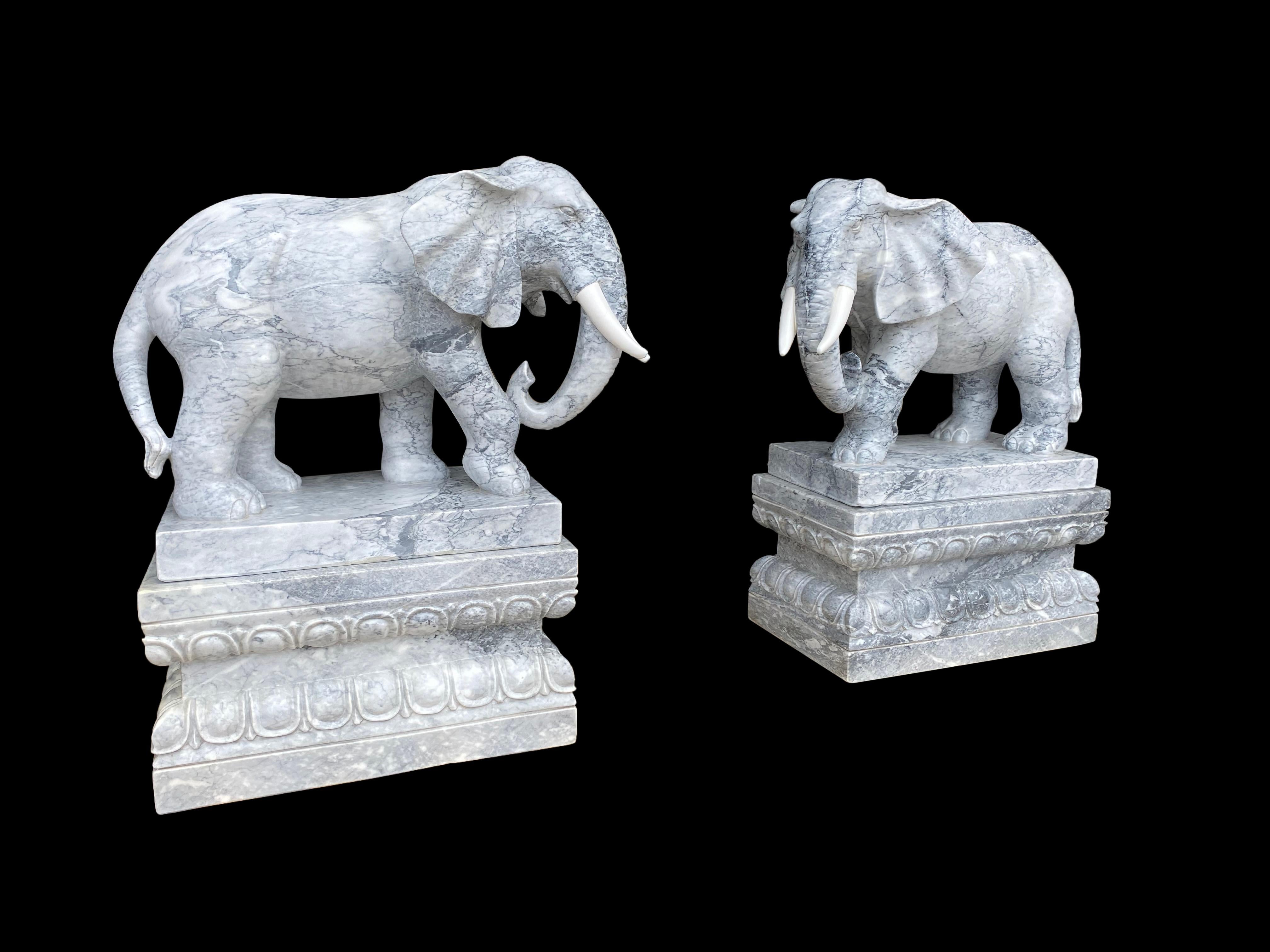 Italian Pair of Marble Elephants on Plinths, 20th Century For Sale
