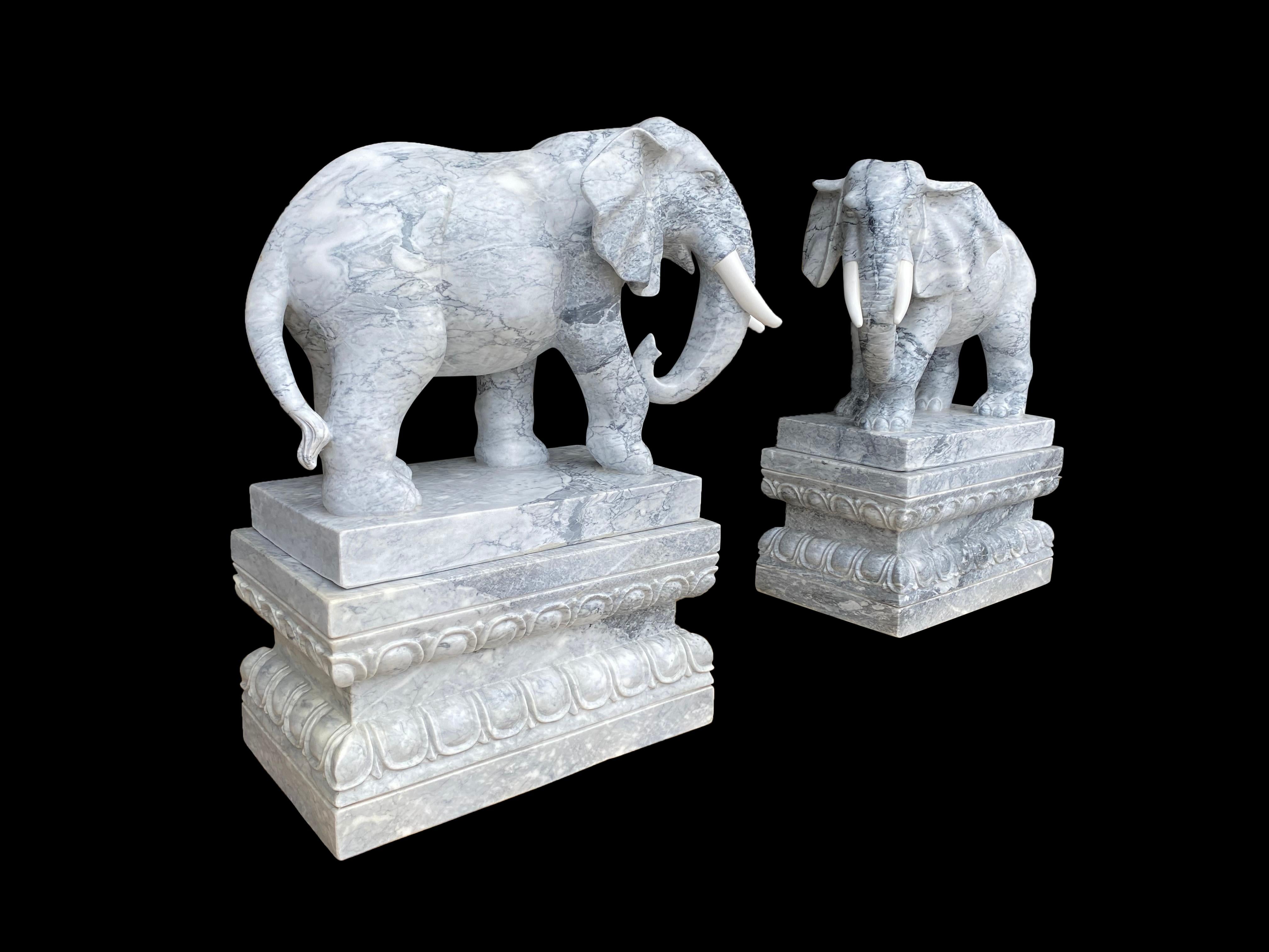 Pair of Marble Elephants on Plinths, 20th Century In Excellent Condition For Sale In London, GB