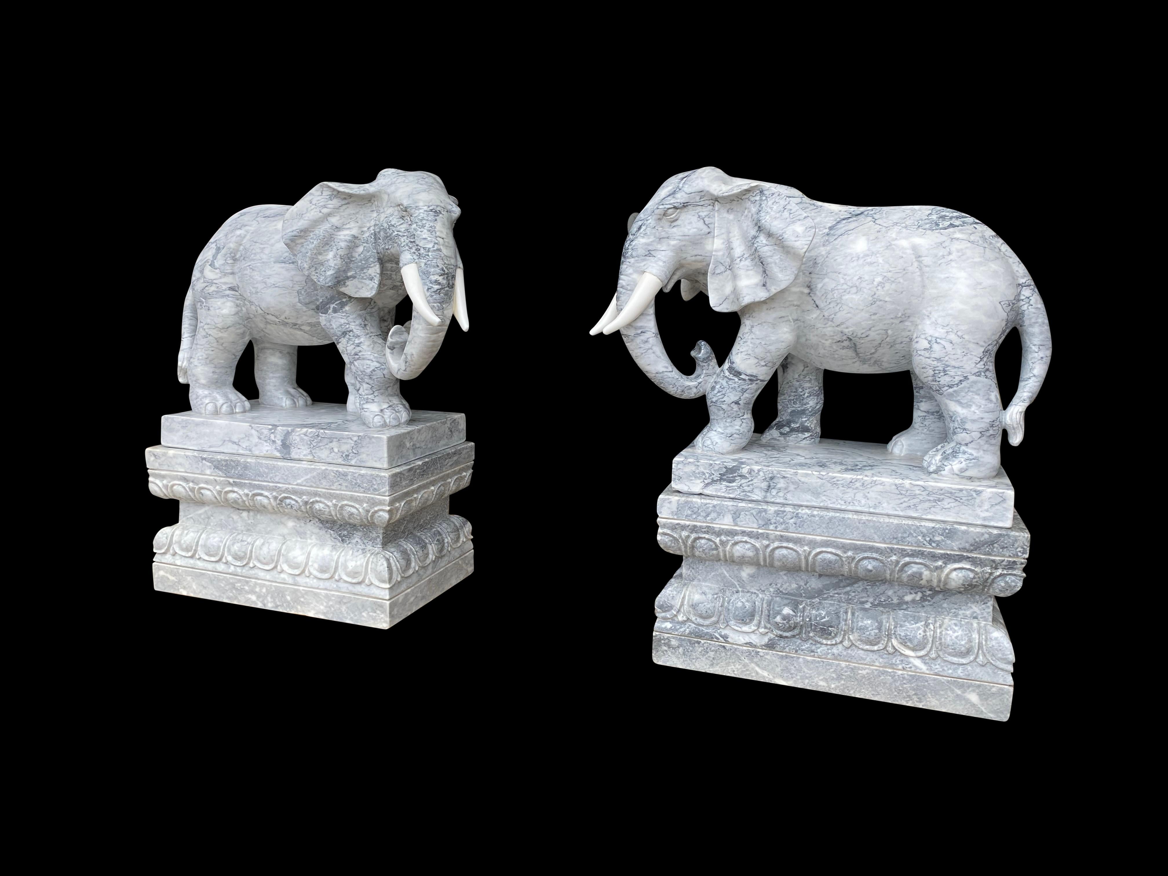 Pair of Marble Elephants on Plinths, 20th Century For Sale 2