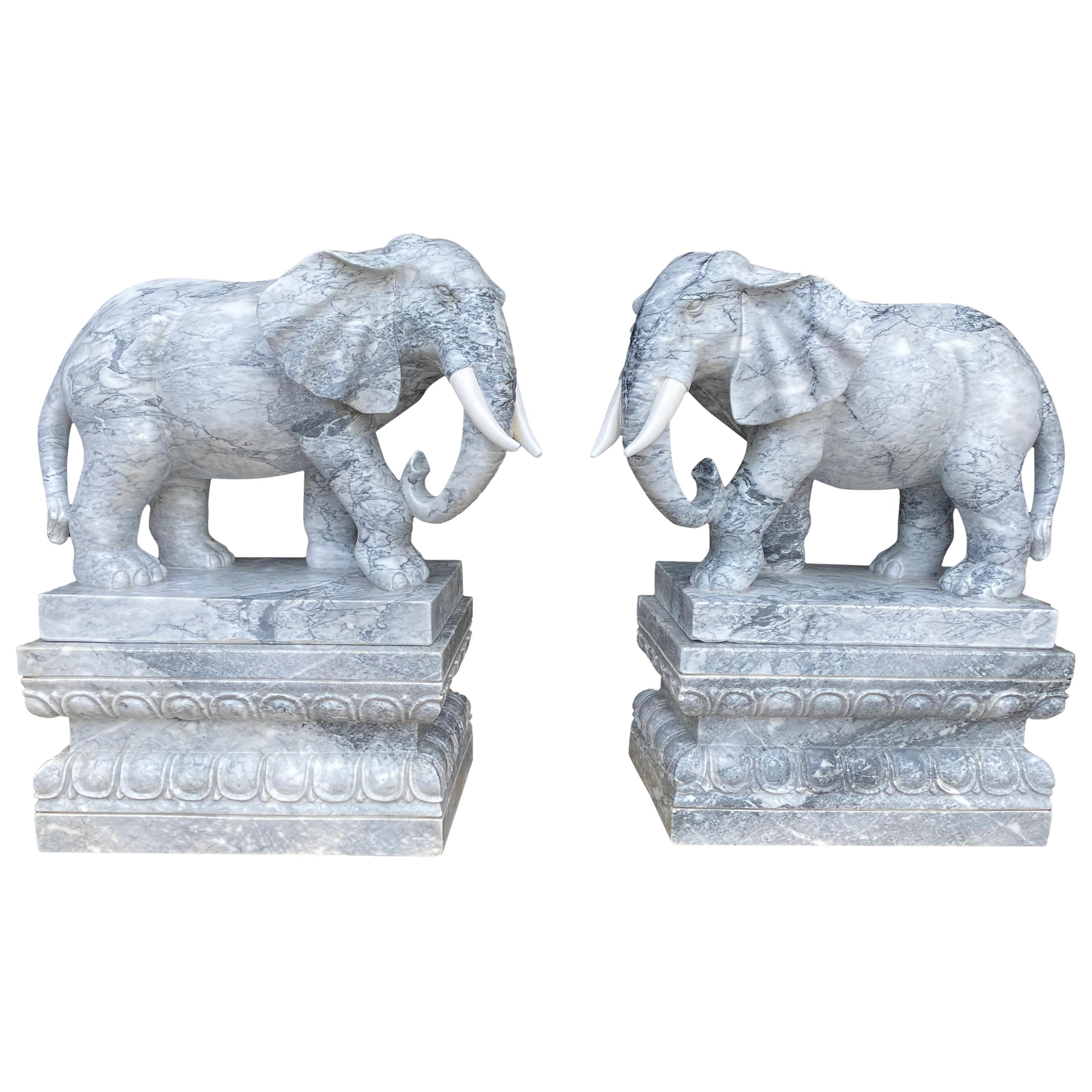 Pair of Marble Elephants on Plinths, 20th Century For Sale