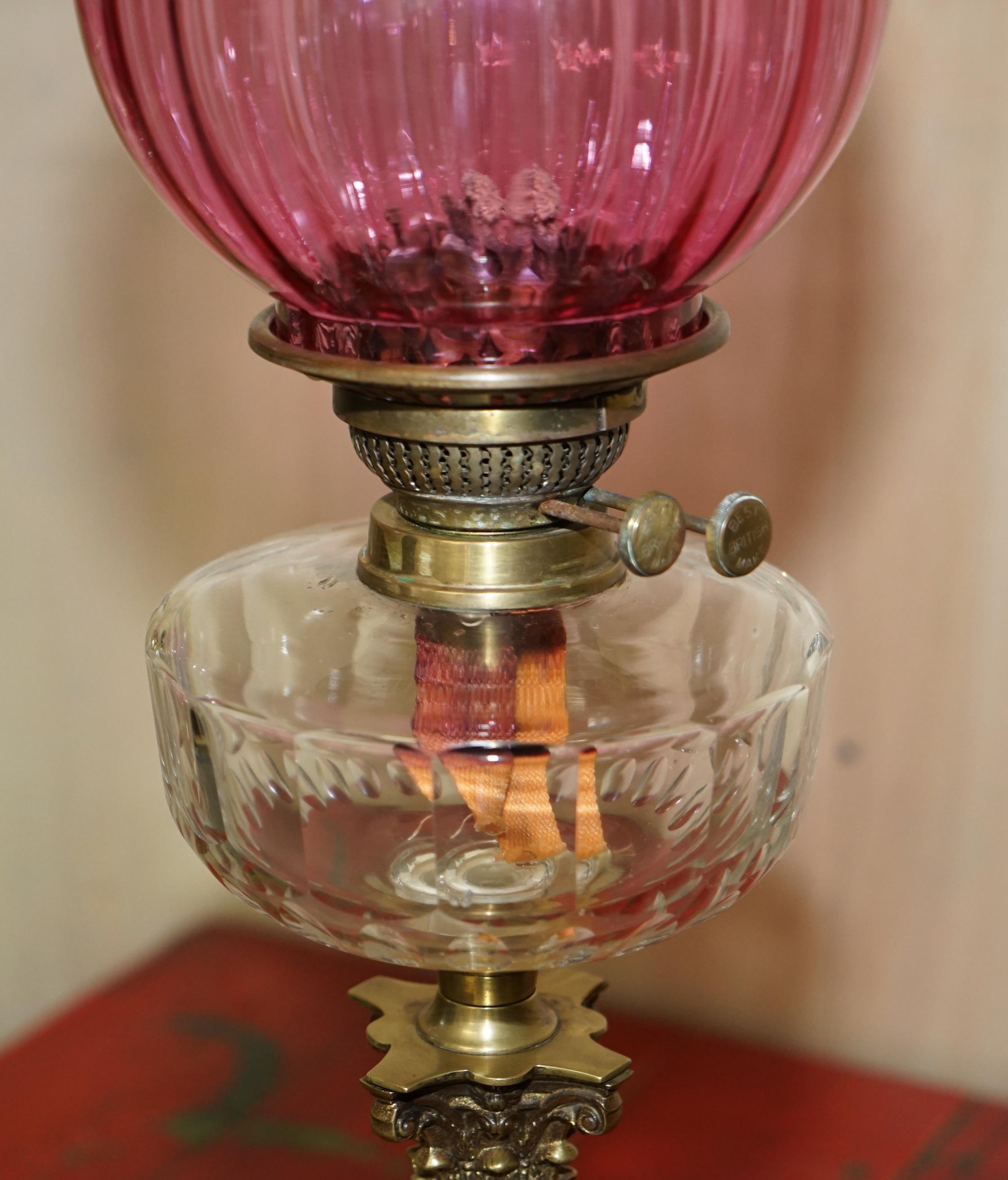 Pair of Marble Finish Corinthian Pillar Victorian Oil Lamps Original Ruby Glass For Sale 1