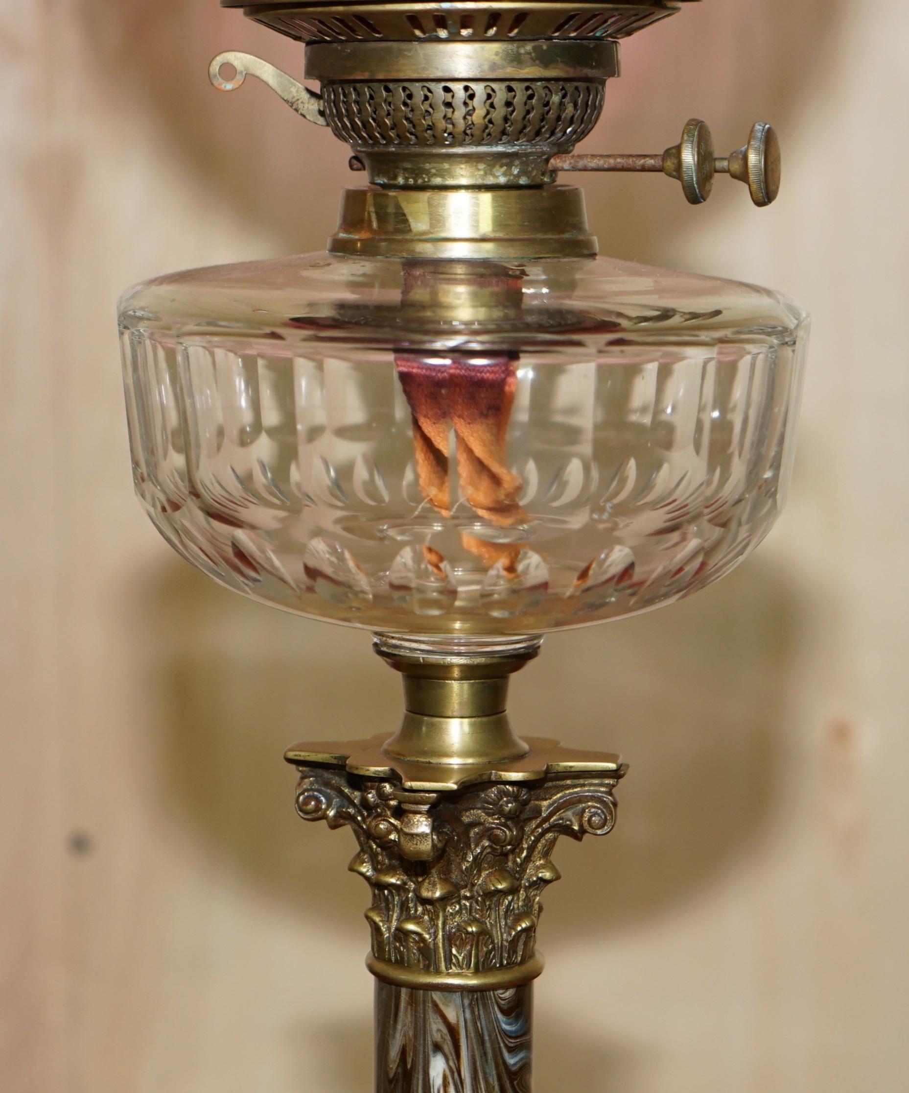 Pair of Marble Finish Corinthian Pillar Victorian Oil Lamps Original Ruby Glass For Sale 2
