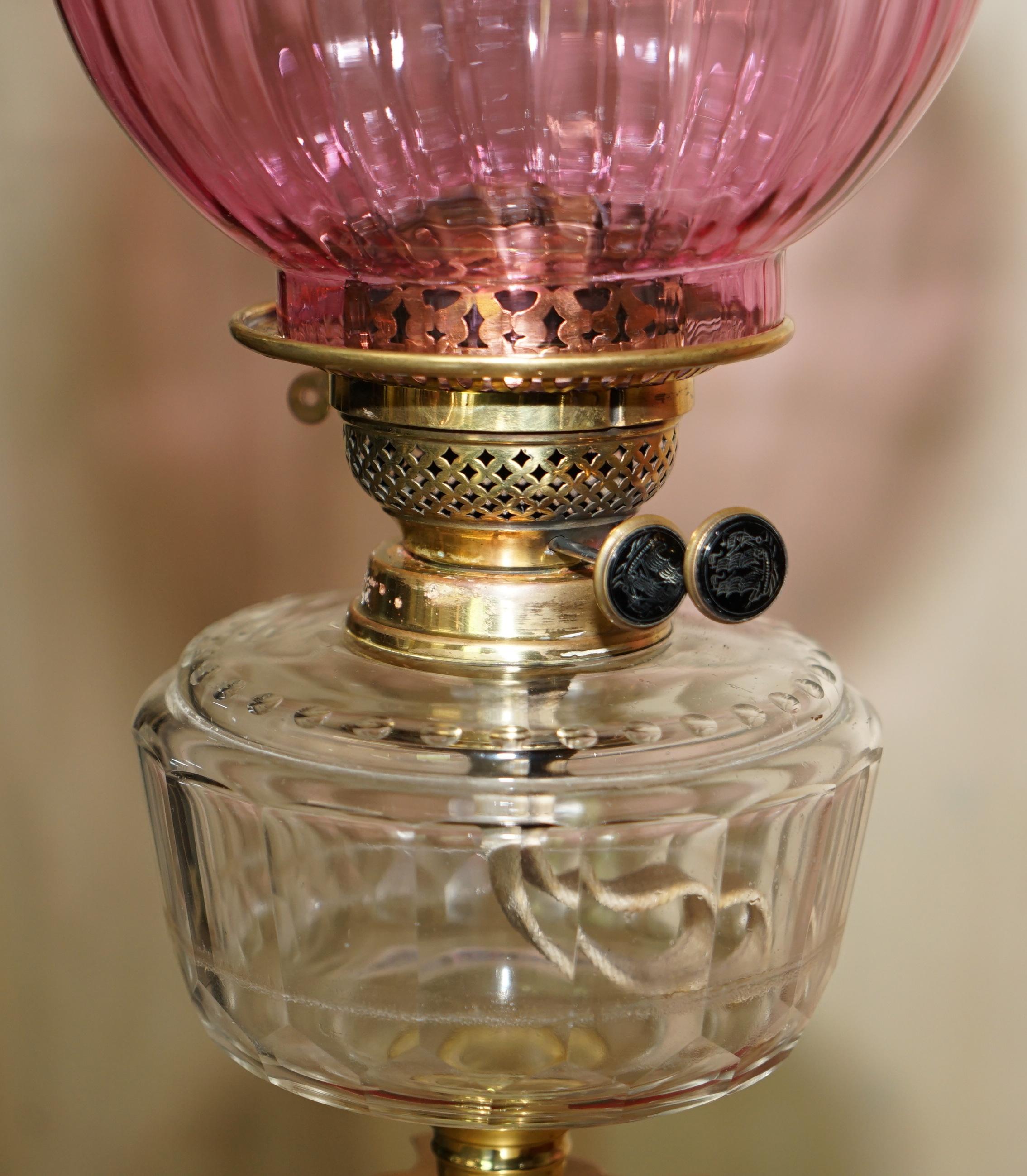 Hand-Crafted Pair of Marble Finish Corinthian Pillar Victorian Oil Lamps Original Ruby Glass