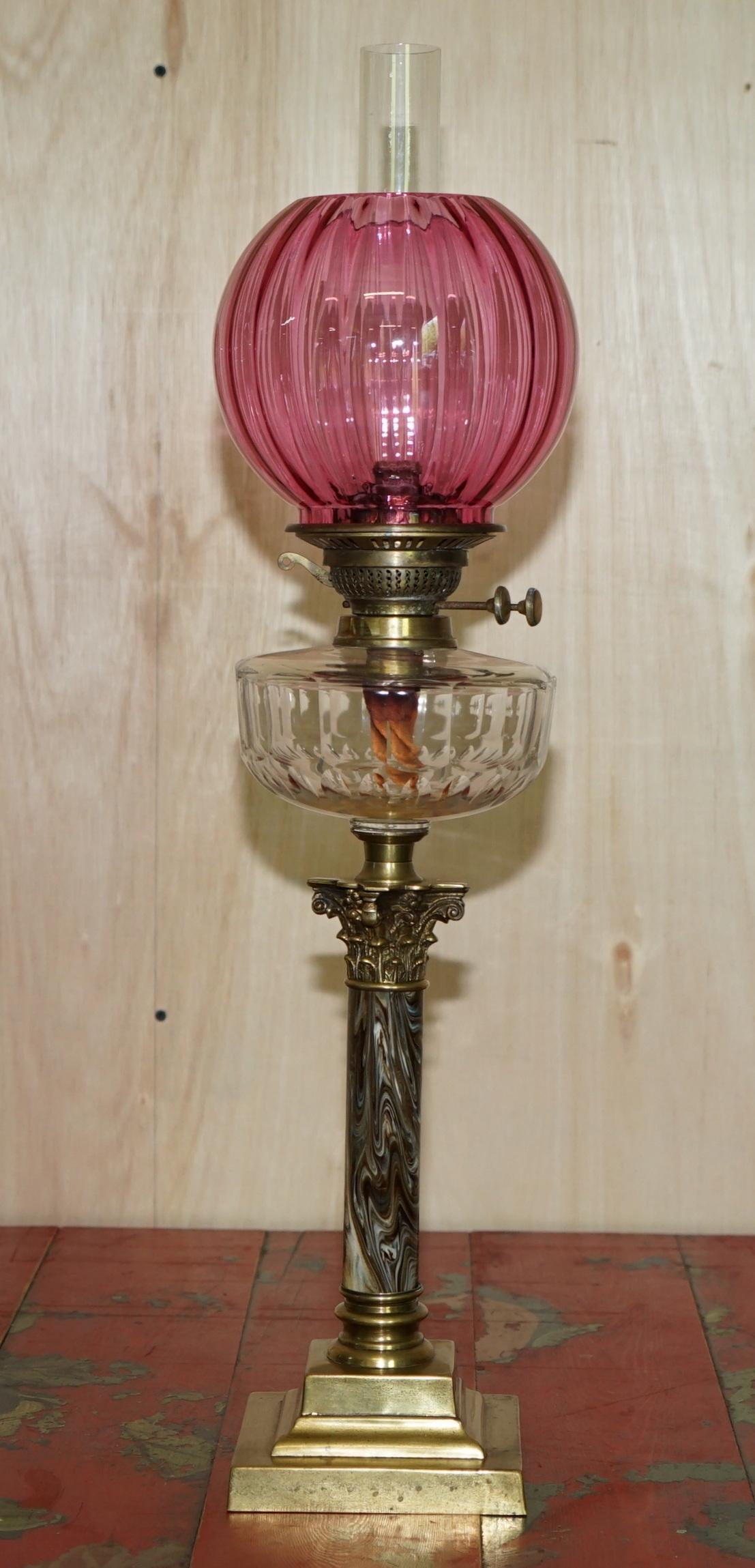 19th Century Pair of Marble Finish Corinthian Pillar Victorian Oil Lamps Original Ruby Glass For Sale