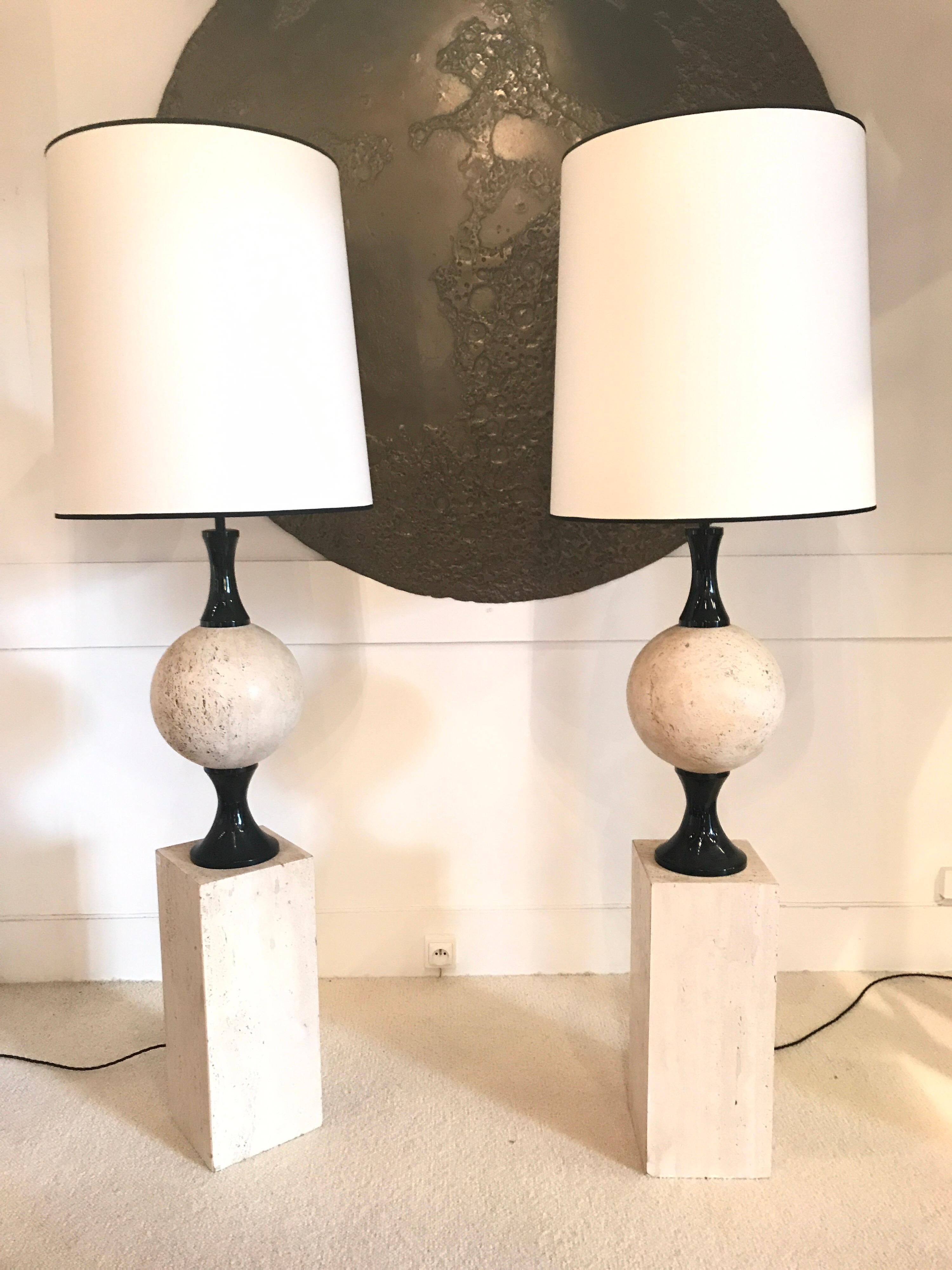 Metal Pair of Marble Floor Lamps by Philippe Barbier