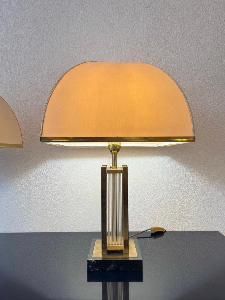 Italian Pair of Marble, Glass & Brass Table Lamps by Romeo Rega, Italy ca. 1970s For Sale