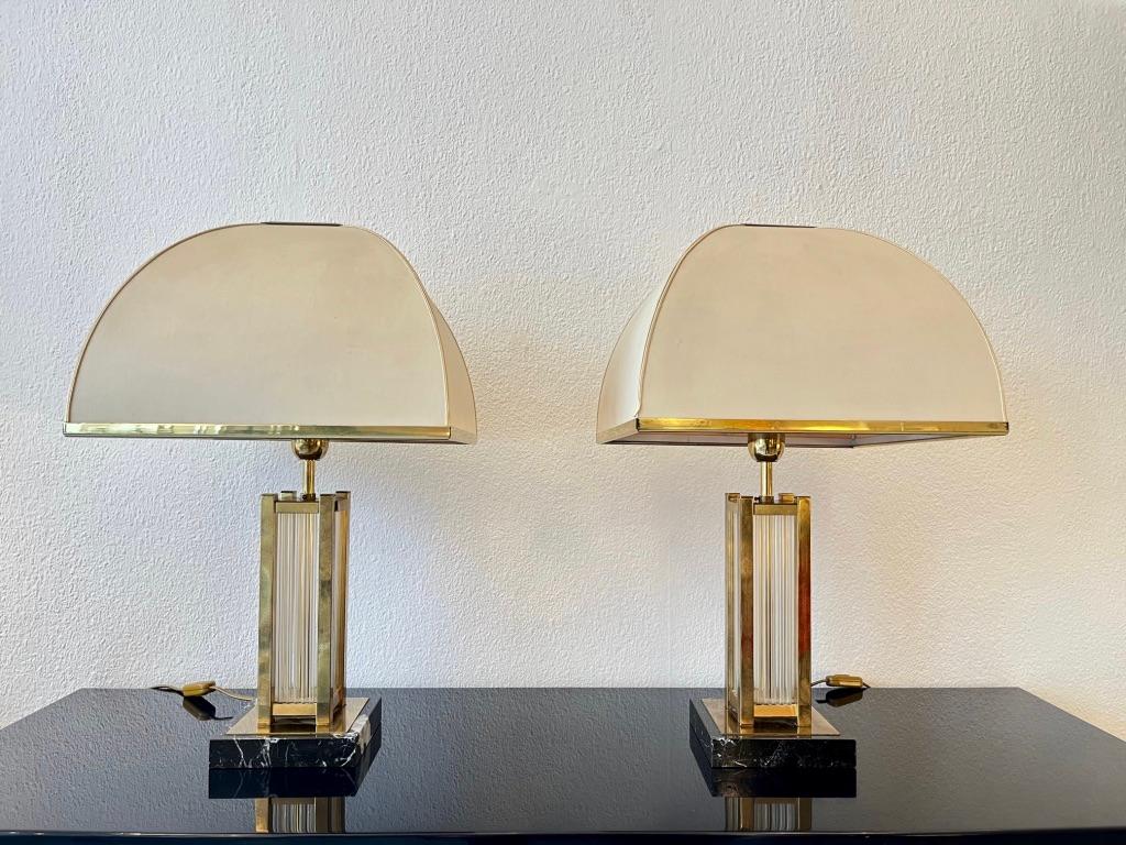 Pair of Marble, Glass & Brass Table Lamps by Romeo Rega, Italy ca. 1970s For Sale 1