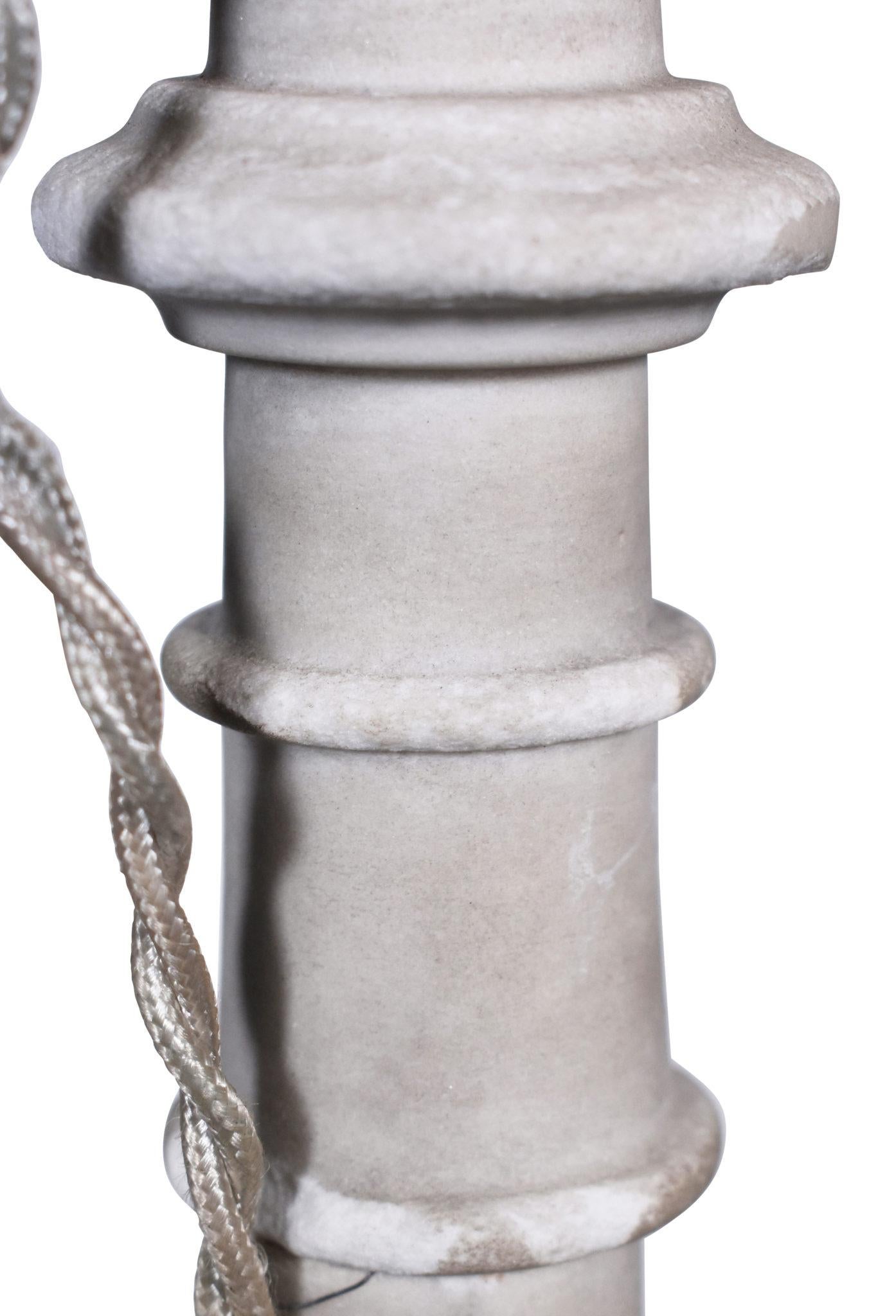 Pair of French vintage marble lamps that have been gently restored. European wiring – will need to be rewired if using electrically.
 