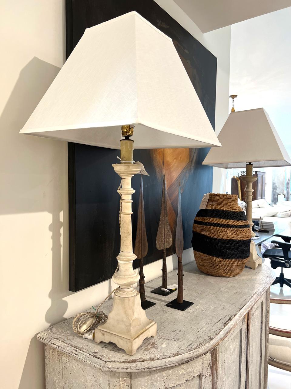 Pair of Marble Lamps, French Vintage, Pale Grey In Good Condition In New Orleans, LA