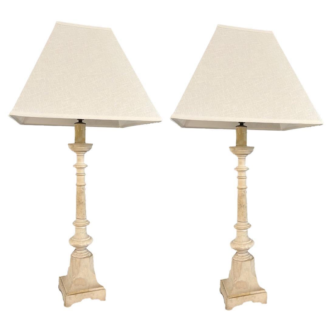 Pair of Marble Lamps, French Vintage, Pale Grey For Sale