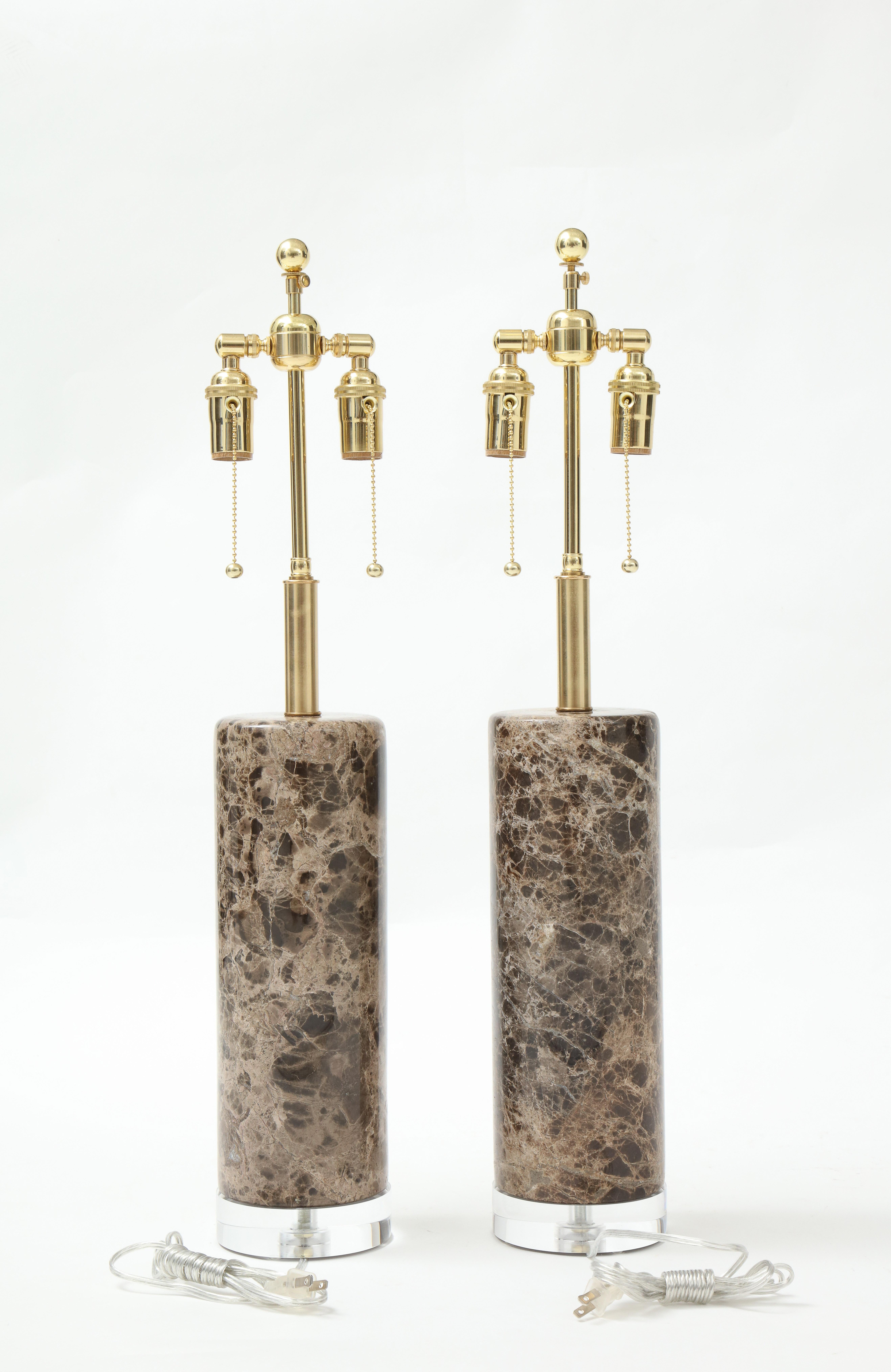 Pair of Marble Lamps on Lucite Bases For Sale 1