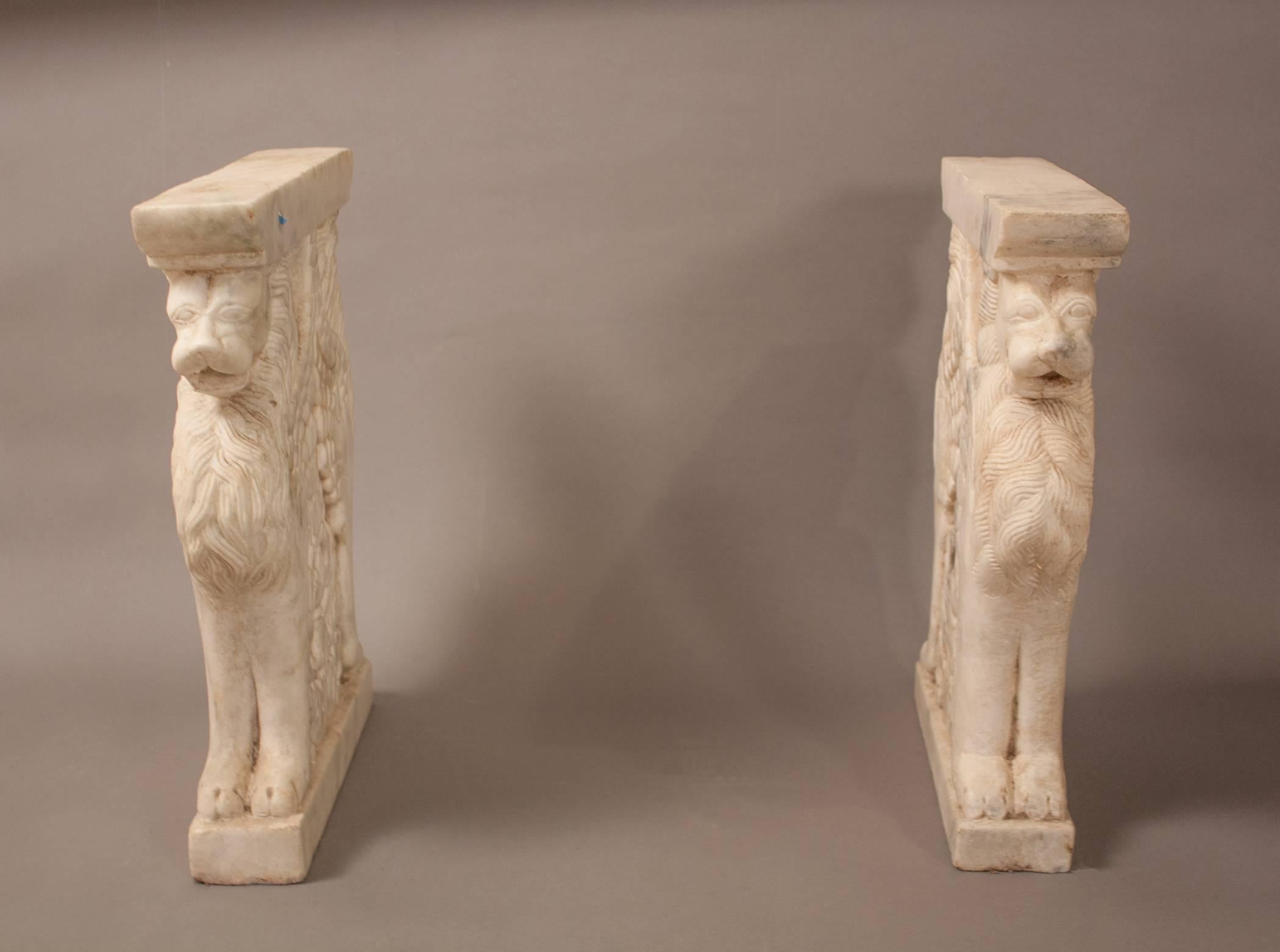 Indian Pair of Marble Lion Garden Bench Supports