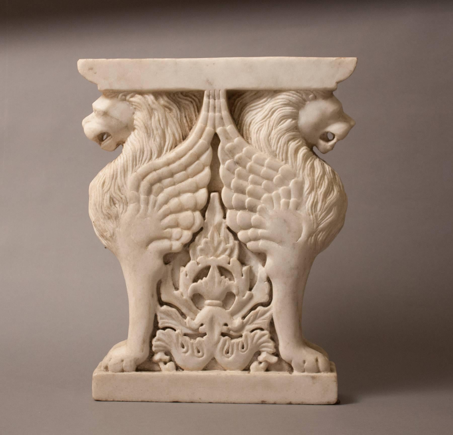 Carved Pair of Marble Lion Garden Bench Supports