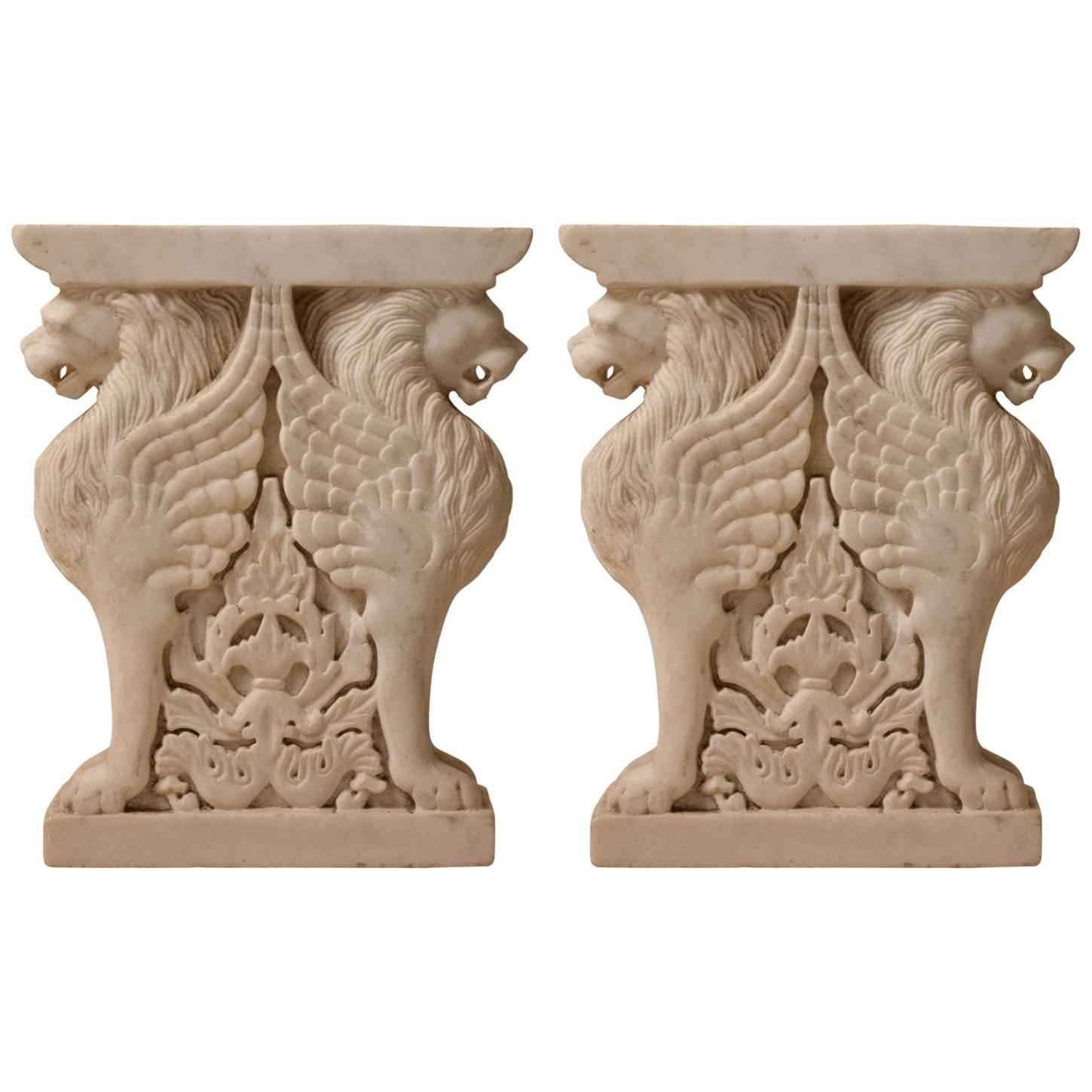 Pair of Marble Lion Garden Bench Supports