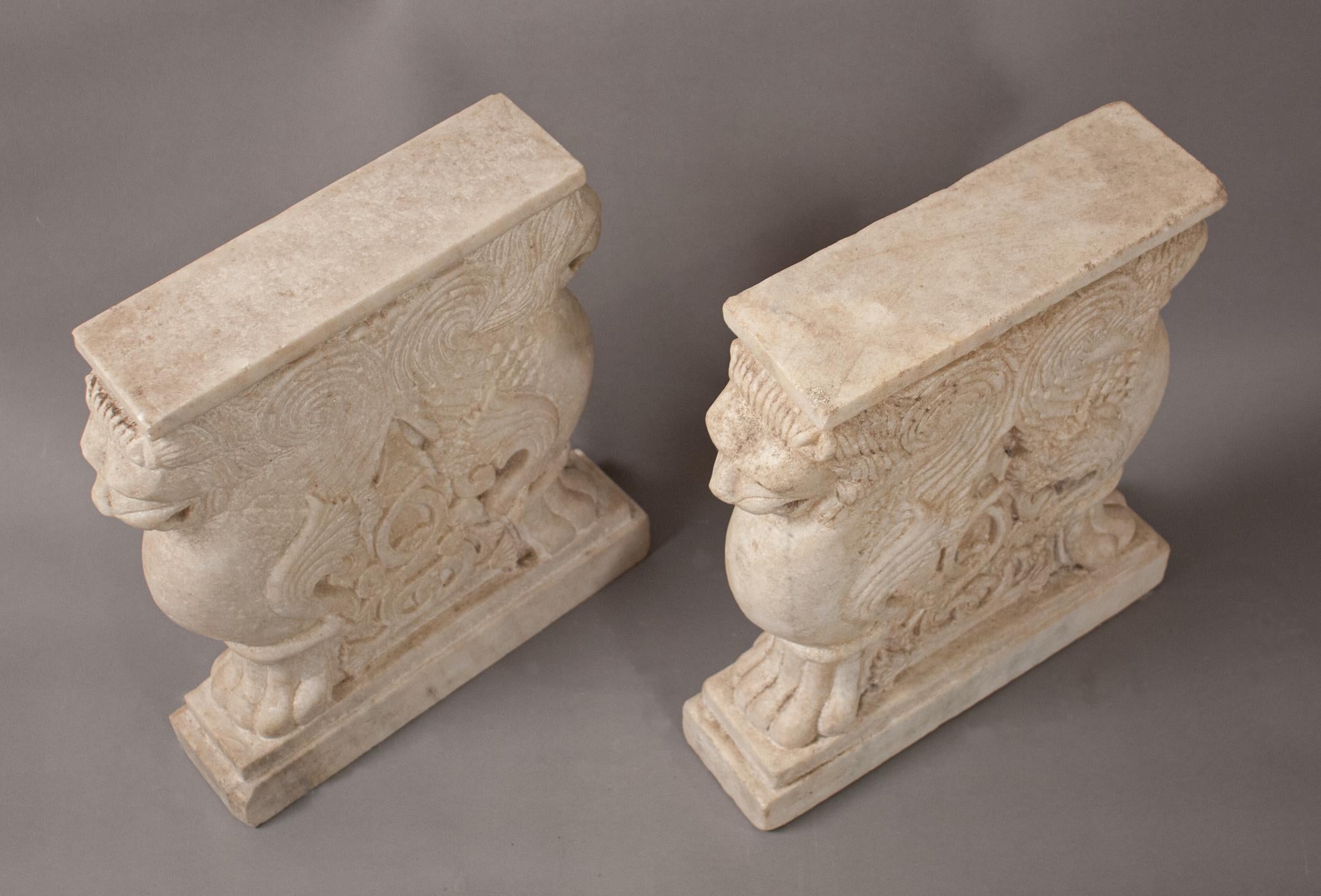 Carved Pair of Marble Lion Garden Bench Supports