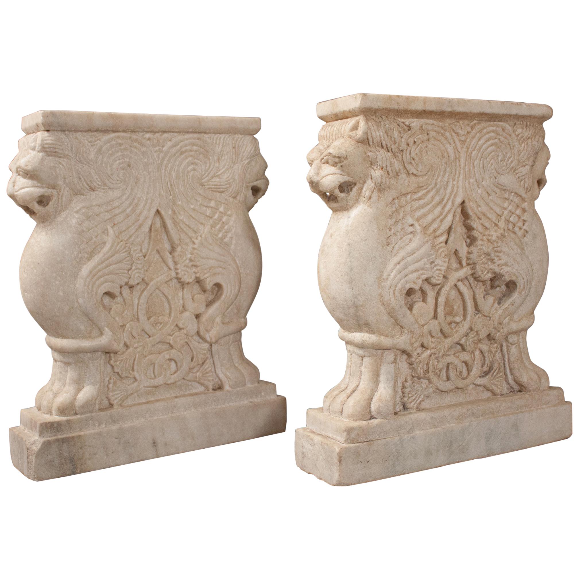 Pair of Marble Lion Garden Bench Supports