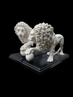 Pair of Marble Lion Gatekeeper Statues, 20th Century