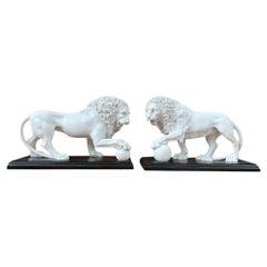 Pair of Marble Lion Gatekeeper Statues, 20th Century